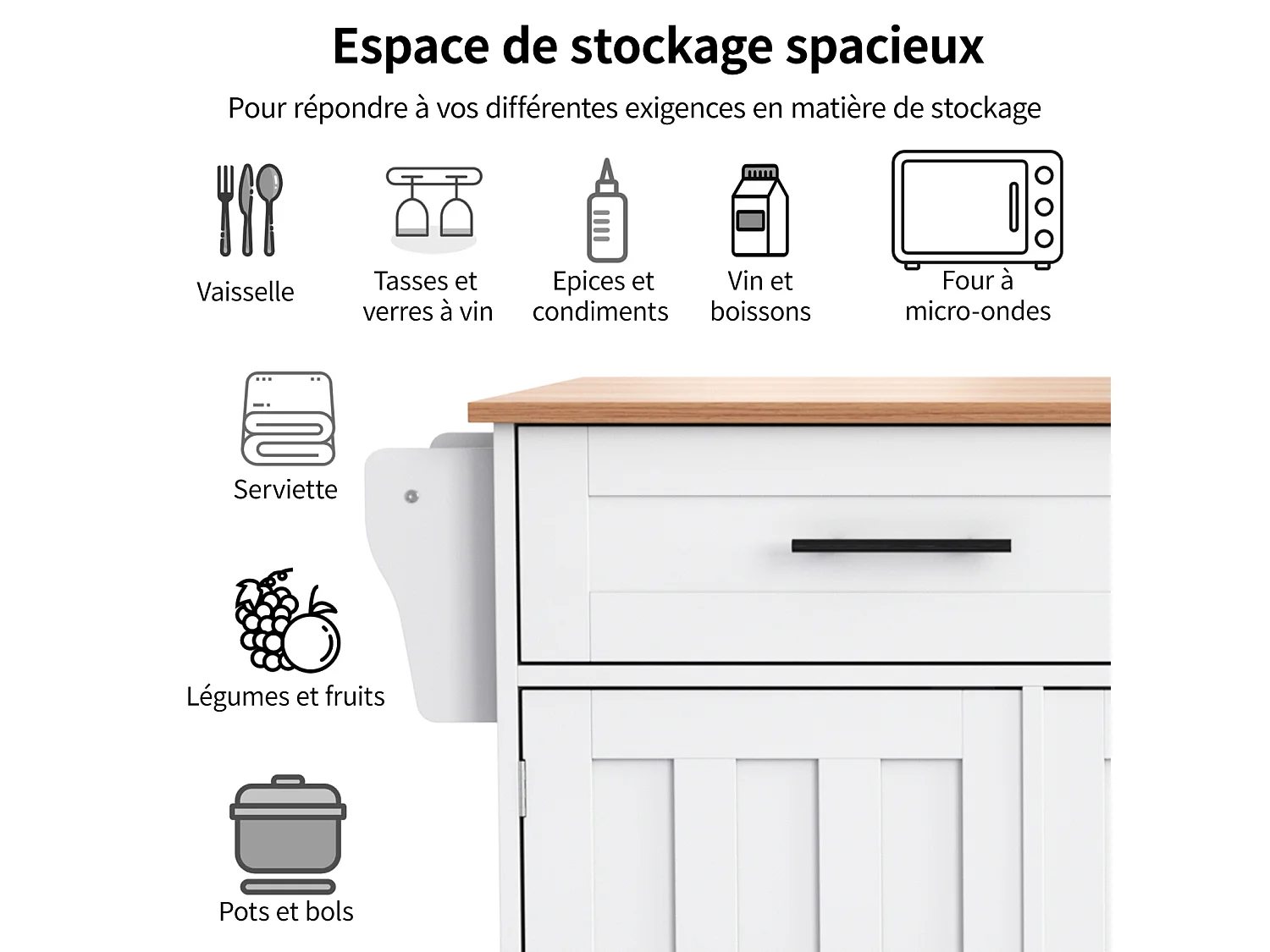 Desserte de cuisine 129x46x91.5cm, chariot de salle à manger, plan de travail pliable, armoire de rangement, blanc