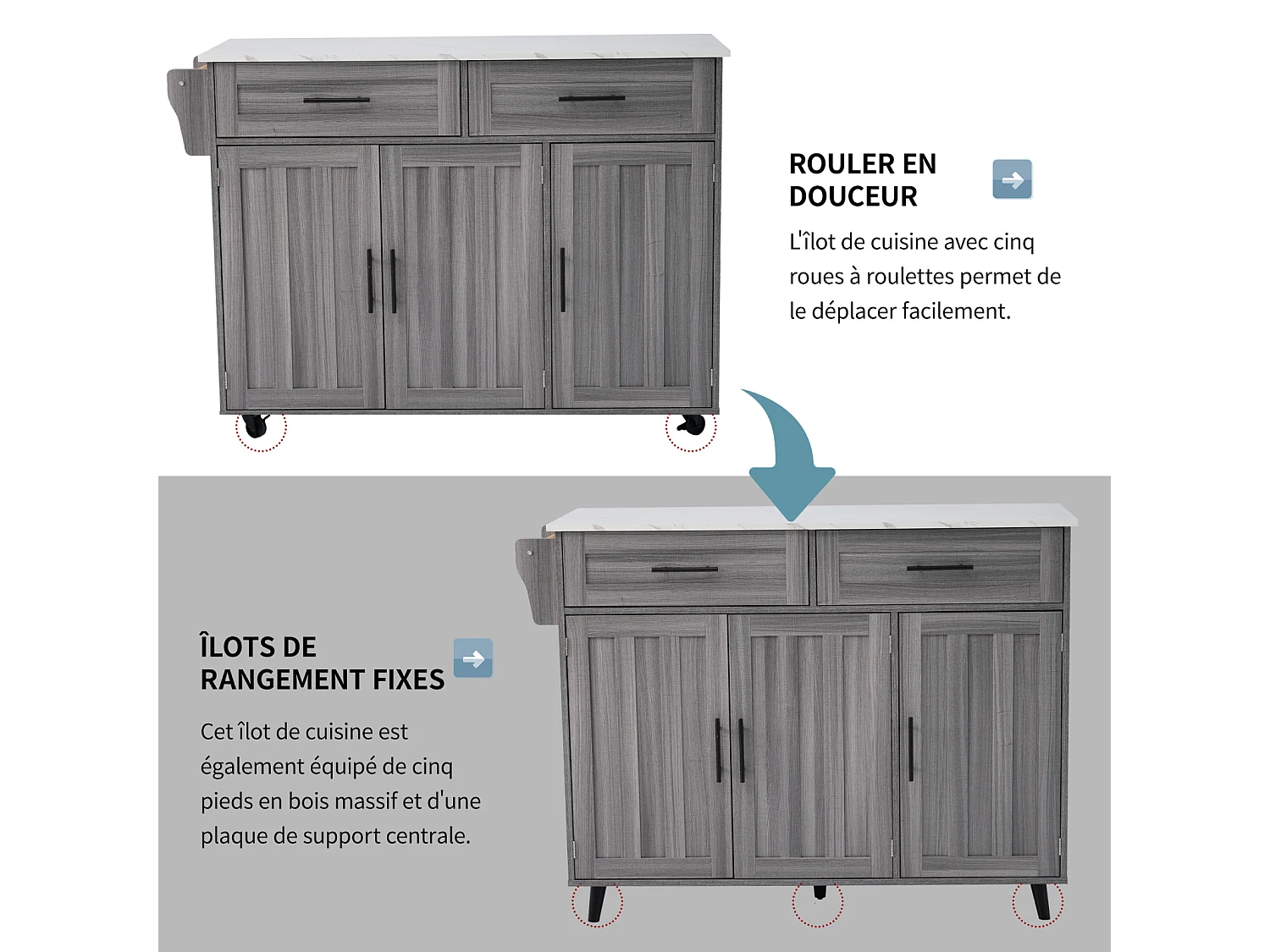 Keukentrolley, Tafeltrolley 129x76x91,5cm, opklapbaar blad, binnenplanken, keukeneiland, wit + kakigrijs