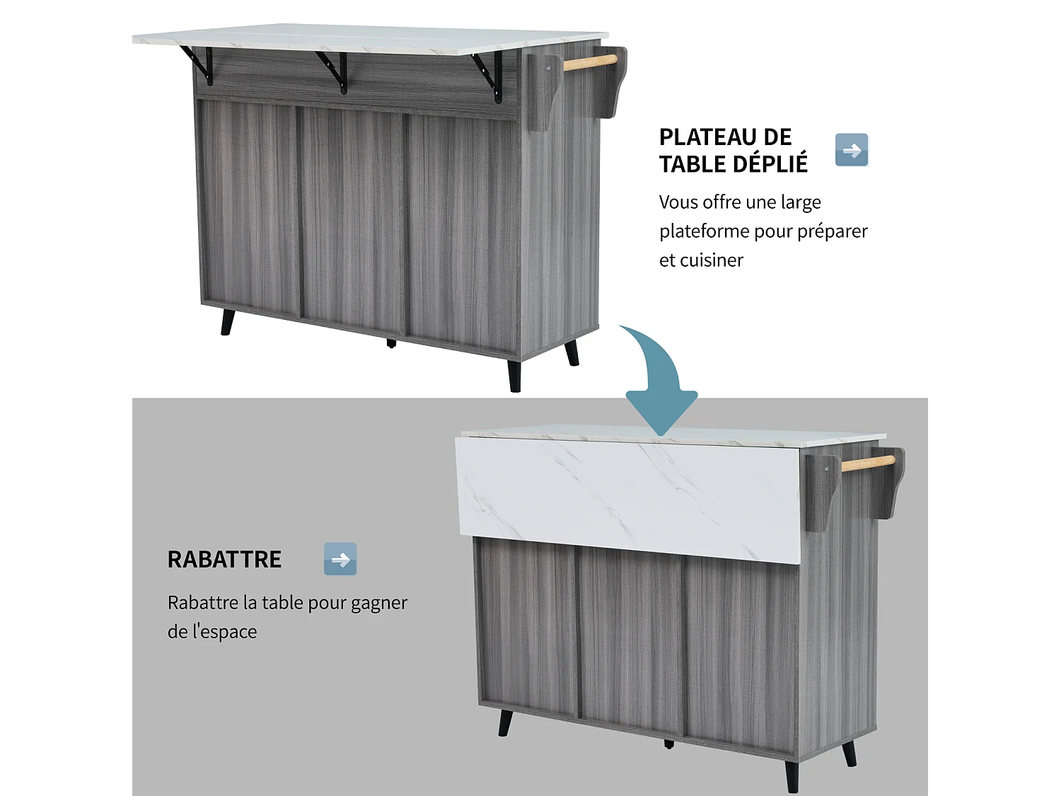 Keukentrolley, Tafeltrolley 129x76x91,5cm, opklapbaar blad, binnenplanken, keukeneiland, wit + kakigrijs