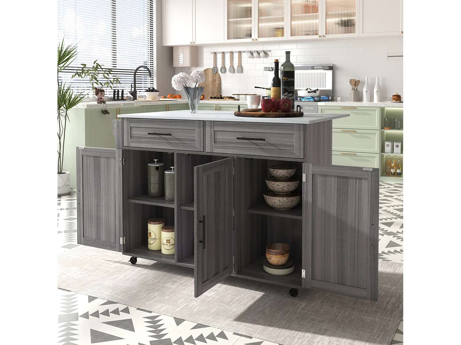 Desserte de cuisine, Chariot de table 129x76x91,5cm, plateau rabattable, étagères intérieures, îlot de cuisine, blanc + gris kaki