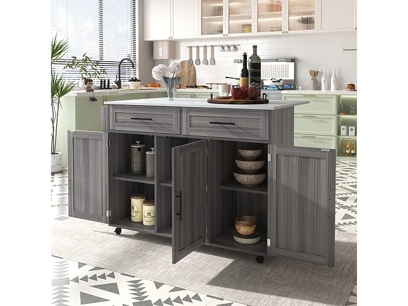 Desserte de cuisine, Chariot de table 129x76x91,5cm, plateau rabattable, étagères intérieures, îlot de cuisine, blanc + gris kaki