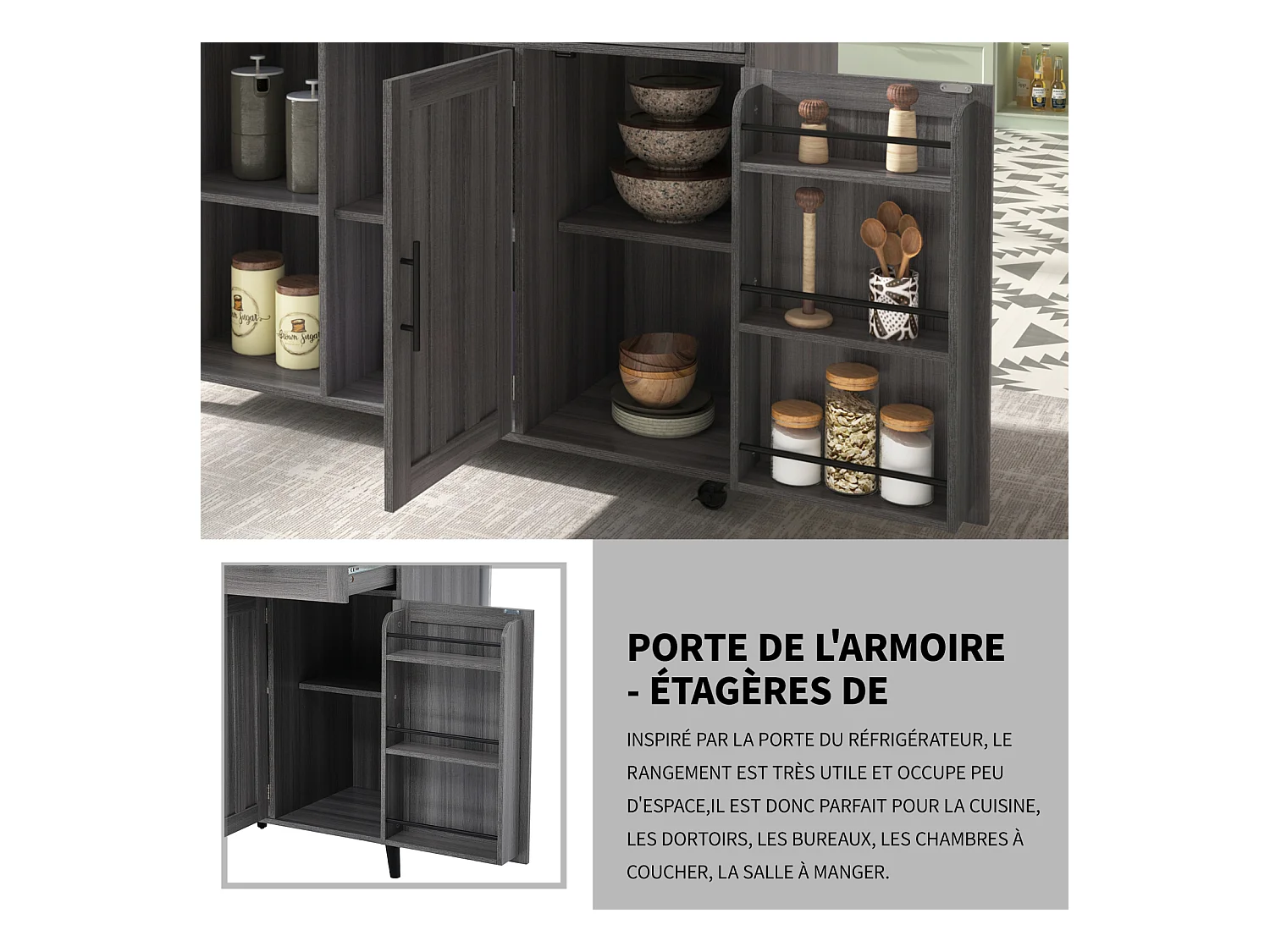 Carrinho de cozinha 129x46x91,5cm, carrinho de sala de jantar, bancada dobrável, armário de armazenamento, cinza