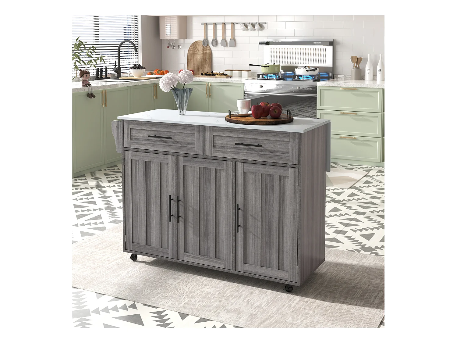 Carrinho de cozinha 129x46x91,5cm, carrinho de sala de jantar, bancada dobrável, armário de armazenamento, cinza