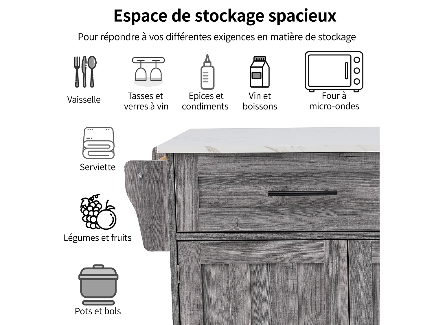 Desserte de cuisine 129x46x91.5cm, chariot de salle à manger, plan de travail pliable, armoire de rangement, gris