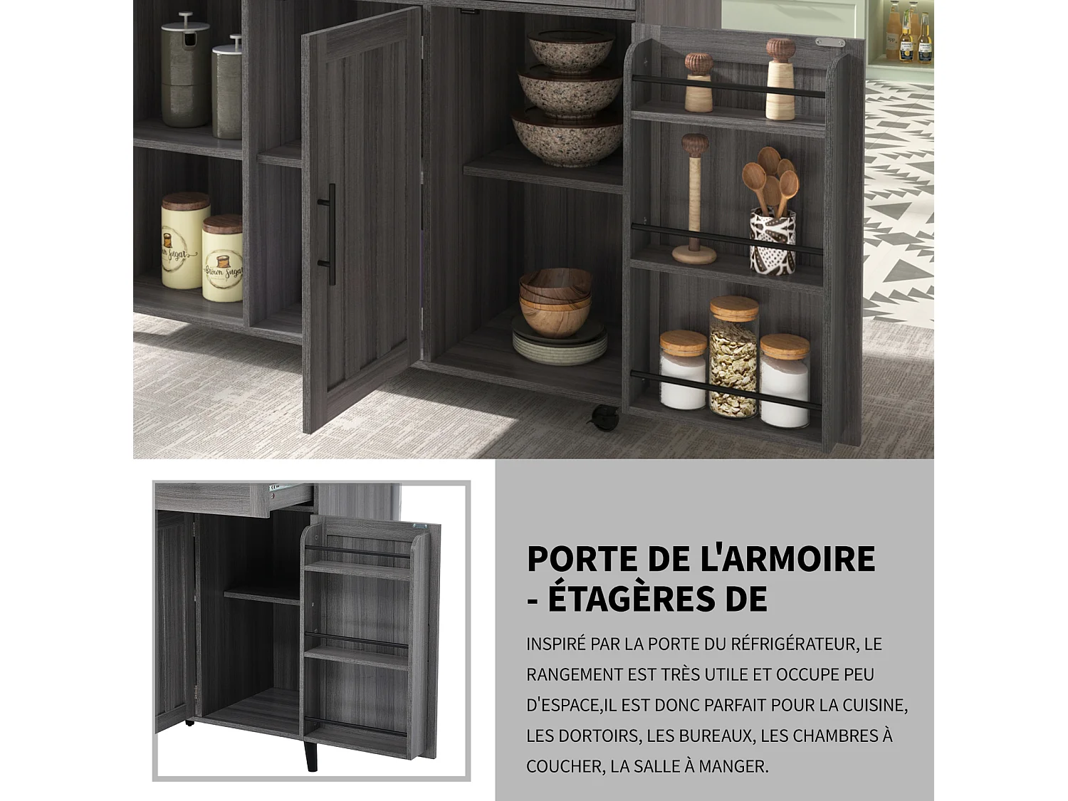 Desserte de cuisine 129x46x91.5cm, chariot de salle à manger, plan de travail pliable, armoire de rangement, gris