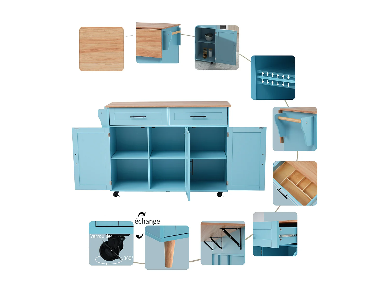Desserte de cuisine 129x46x91.5cm, chariot de salle à manger, plan de travail pliable, armoire de rangement, bleu