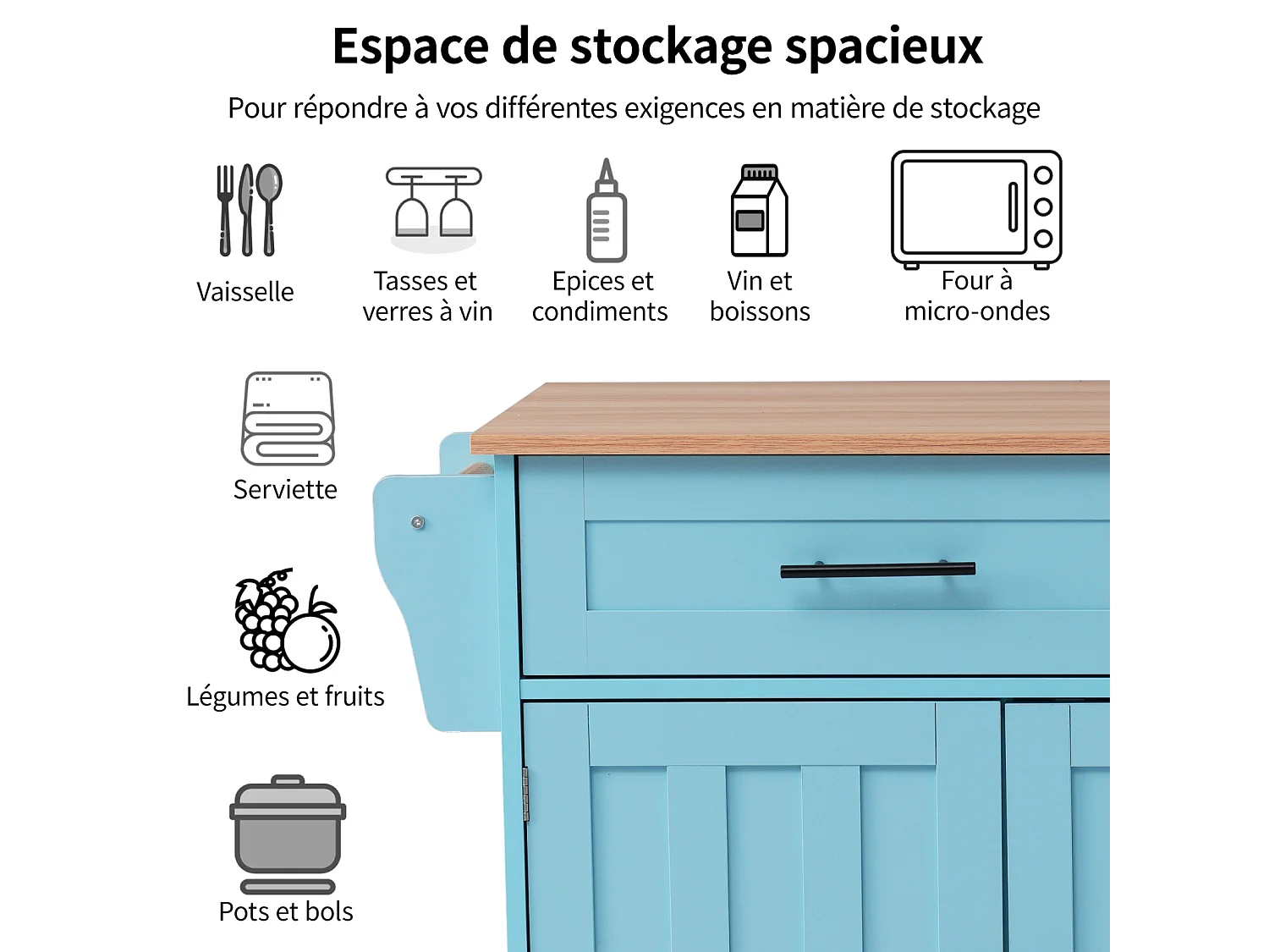 Desserte de cuisine 129x46x91.5cm, chariot de salle à manger, plan de travail pliable, armoire de rangement, bleu