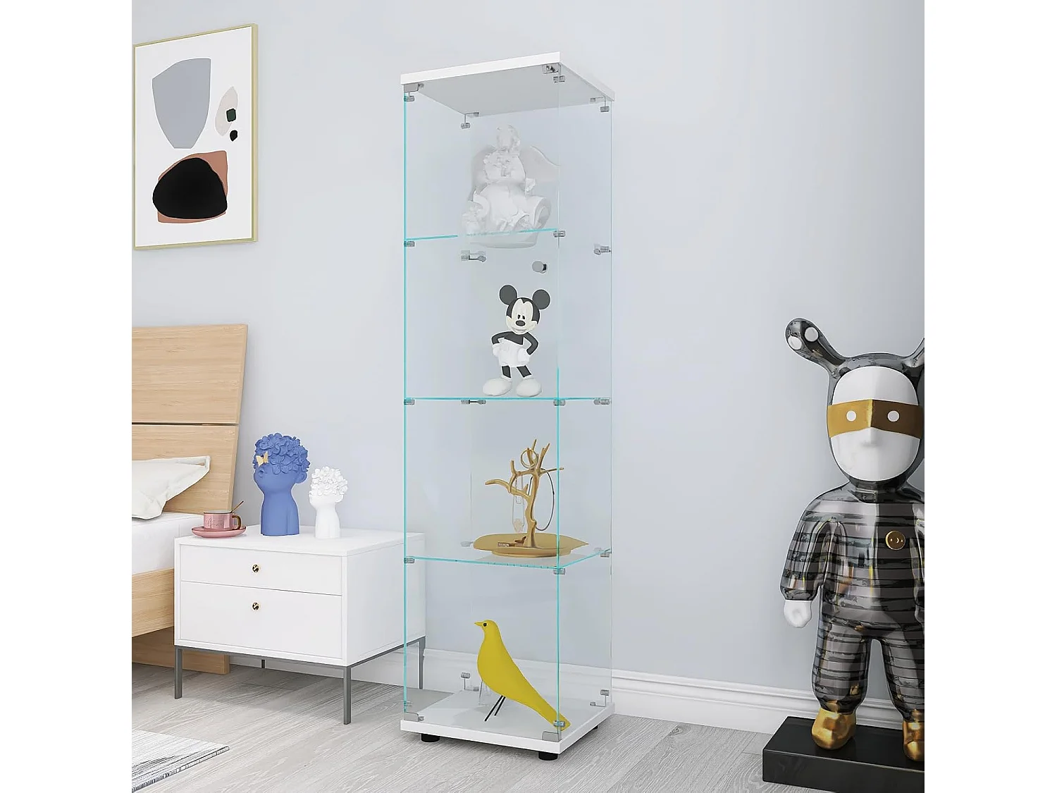 164cm glazen vitrinekast - 4 planken - 1 deur vitrinekast met slot - vrijstaande glazen opbergkast voor slaapkamer, woonkamer - wit