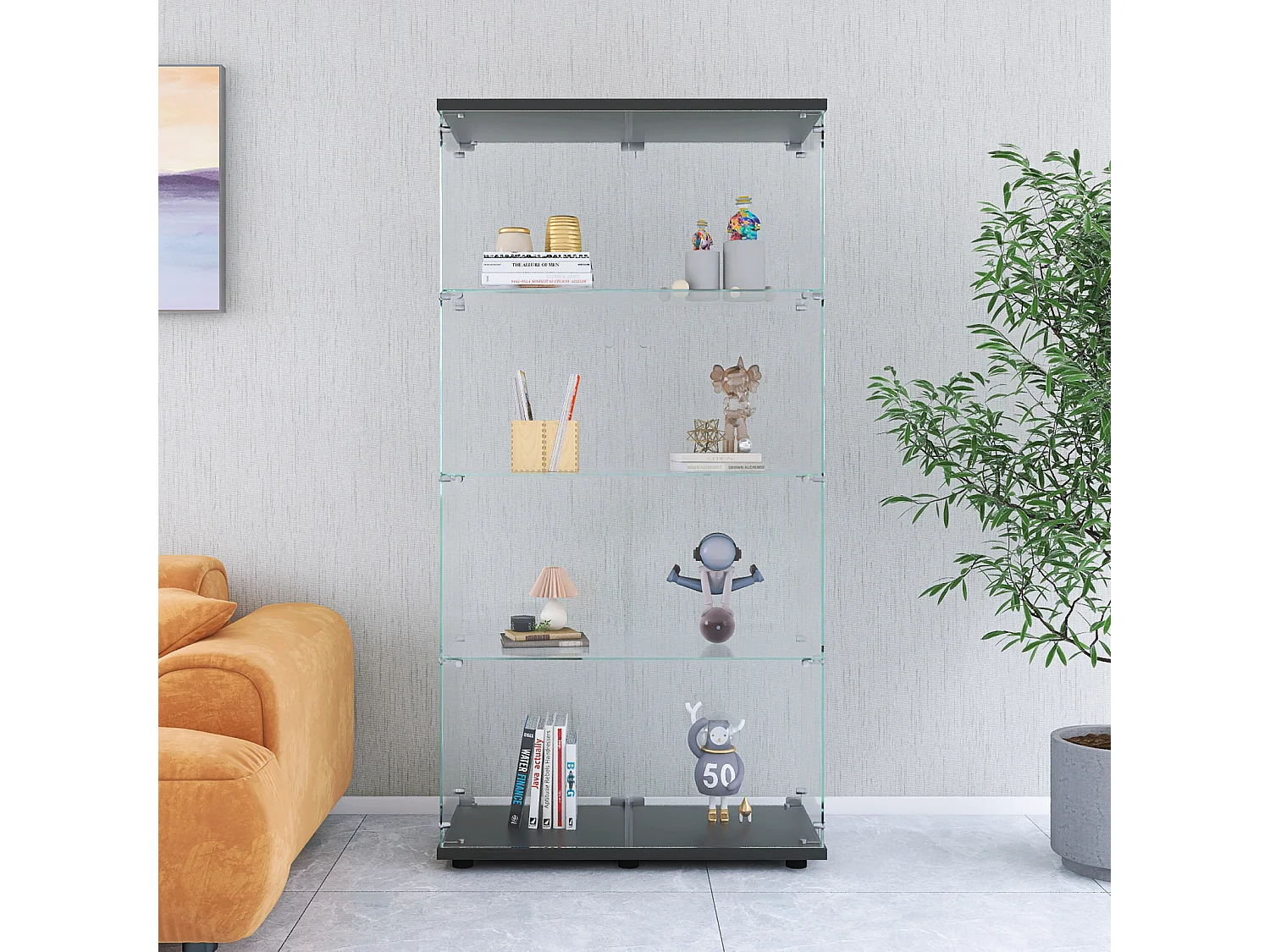 Vetrina in vetro 4 ripiani, 81x37x165cm, ripiano in vetro con 2 ante, vetrina su supporto, nero