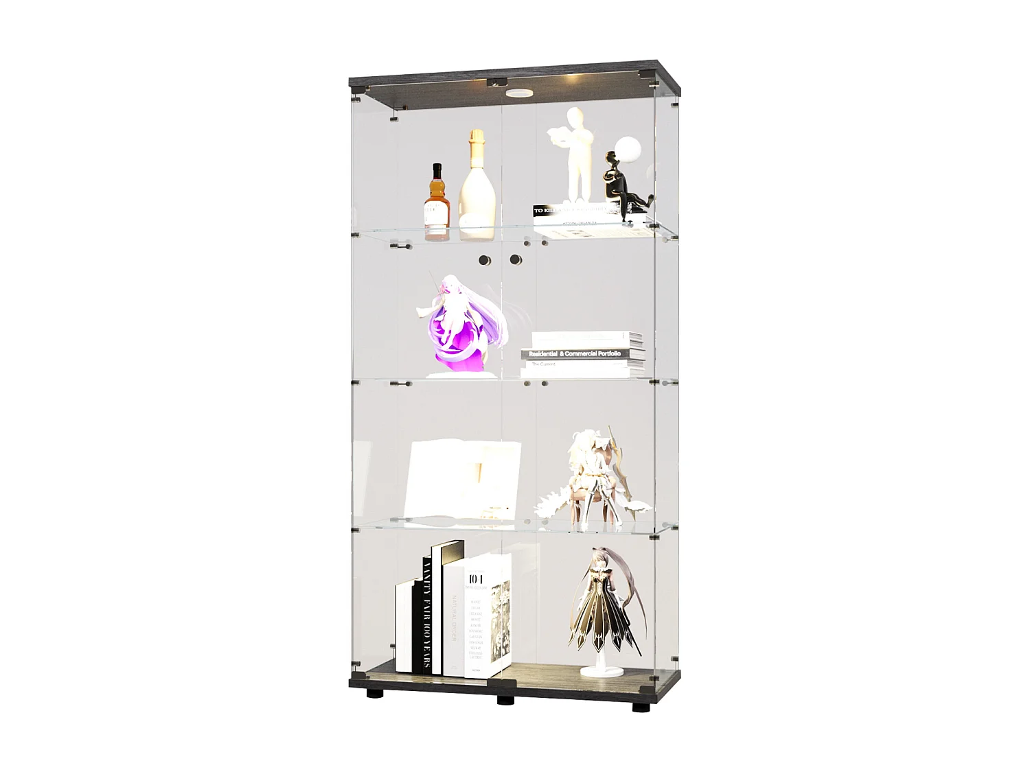 Vitrina de cristal con 4 estantes, 80,49 x 36,49 x 163,9 cm, con 2 puertas, con luz LED, color negro