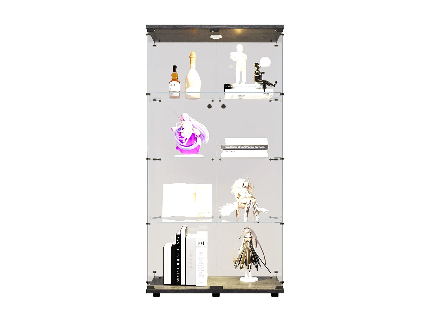 Vitrine en verre LED 4 étagères, 80.49x36.49x163.9cm, étagère en verre avec 2 portes, virtine sur pied, noir