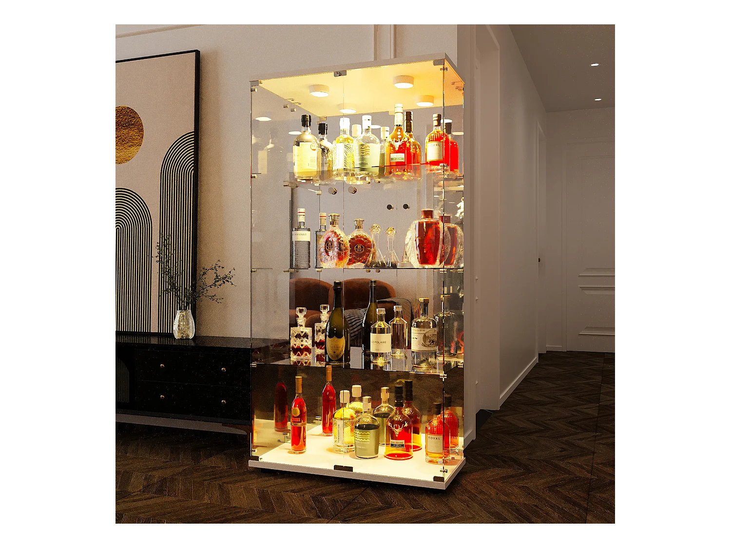 Vetrina espositiva in vetro a LED, 4 ripiani, 80,49x36,49x163,9 cm, ripiano in vetro con 2 ante, vetrina espositiva indipendente, bianco