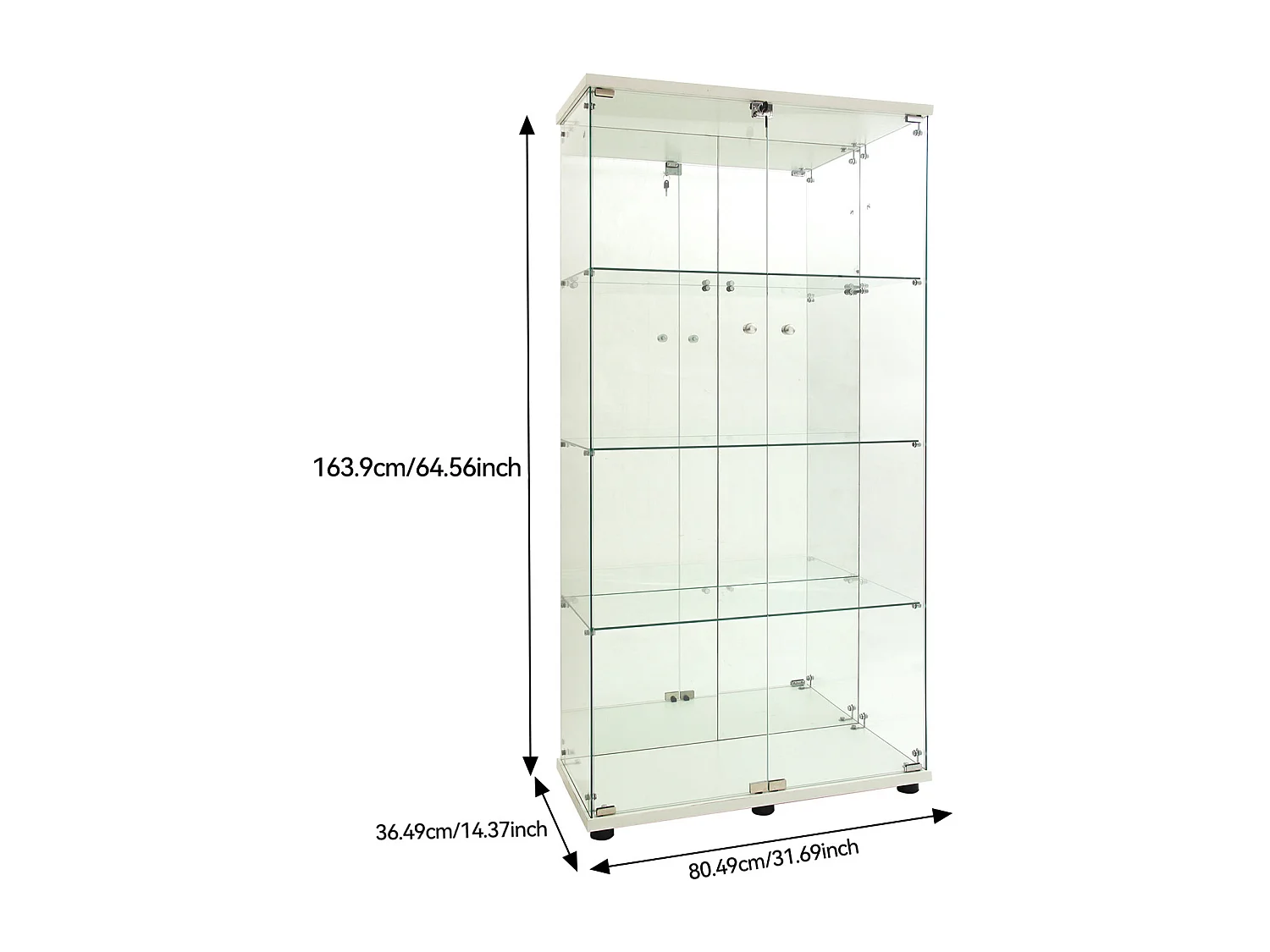 Vitrine en verre LED 4 étagères, 80.49x36.49x163.9cm, étagère en verre avec 2 portes, virtine sur pied, blanc