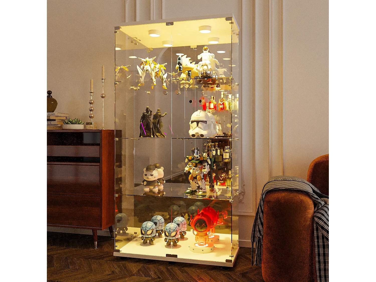 Vitrine en verre LED 4 étagères, 80.49x36.49x163.9cm, étagère en verre avec 2 portes, virtine sur pied, blanc