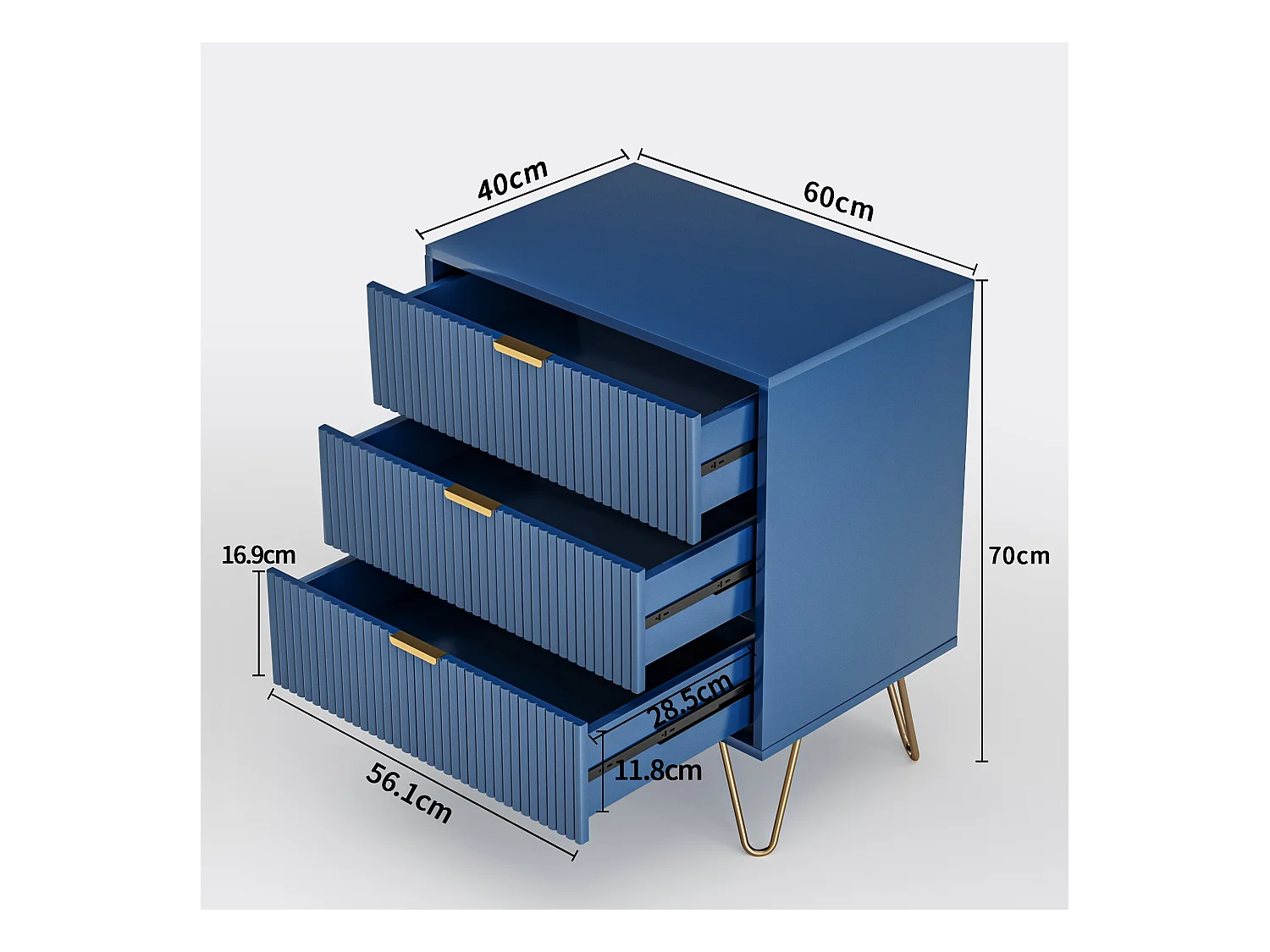 Kommode 70x60x40cm - mit 3 Schiebeschubladen, Metallbeinen, Sideboard für Schlafzimmer, Kommode im skandinavischen Design - Marineblau