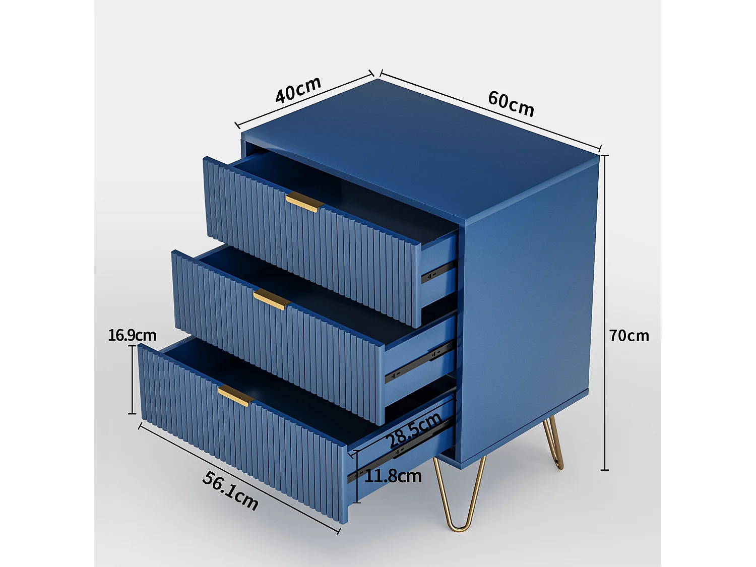 Kommode 70x60x40cm - mit 3 Schiebeschubladen, Metallbeinen, Sideboard für Schlafzimmer, Kommode im skandinavischen Design - Marineblau