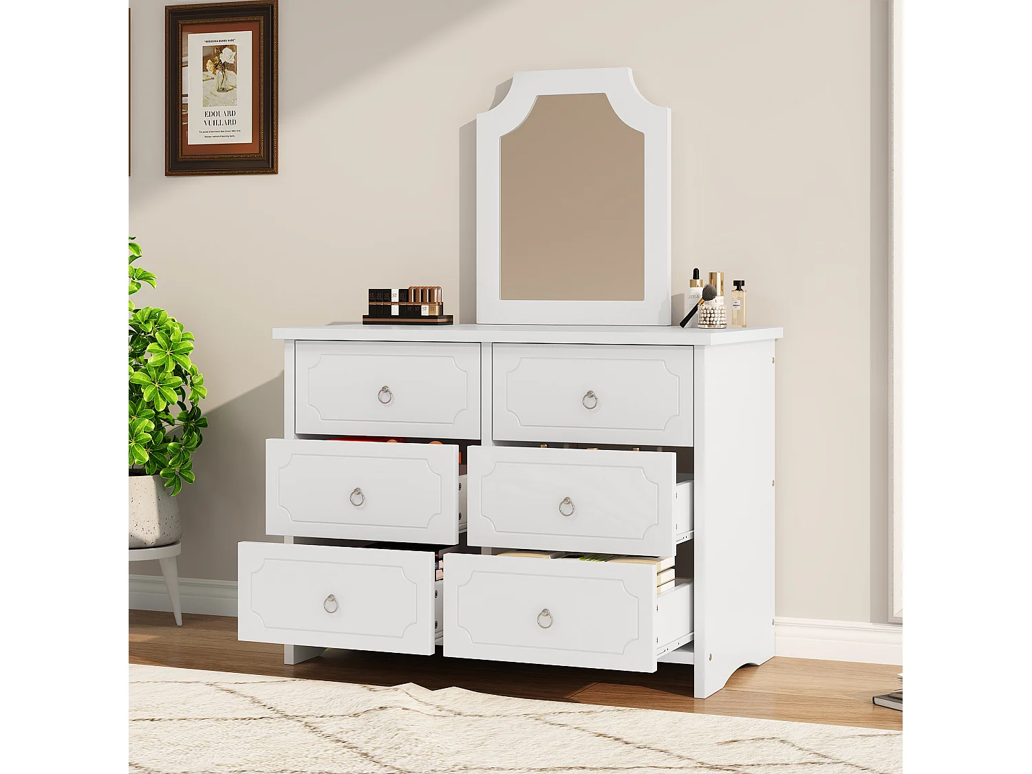 Commode avec miroir et 6 tiroirs, 100x50x132cm, miroir amovible, MDF + panneaux de particules, blanc