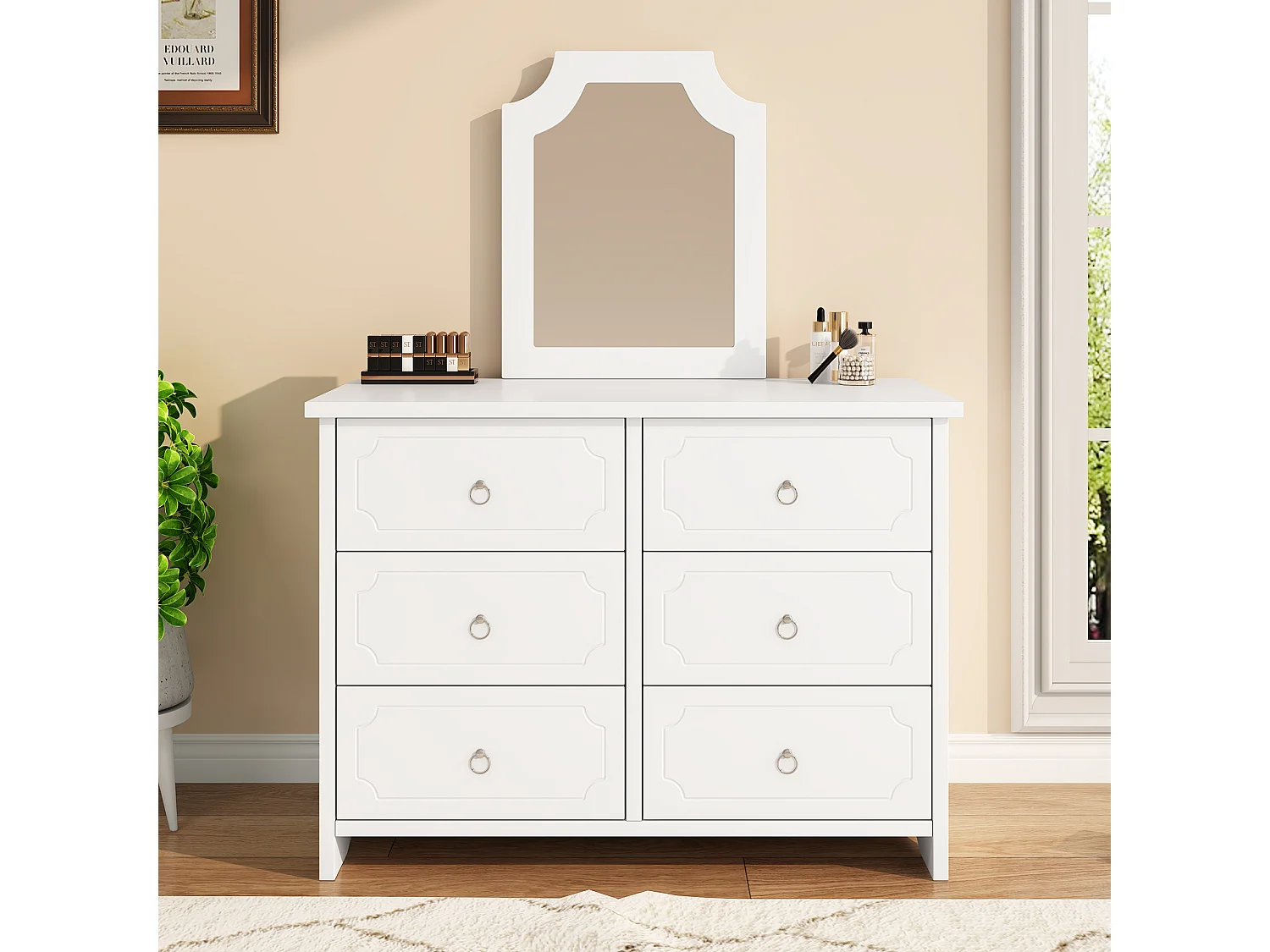 Commode avec miroir et 6 tiroirs, 100x50x132cm, miroir amovible, MDF + panneaux de particules, blanc