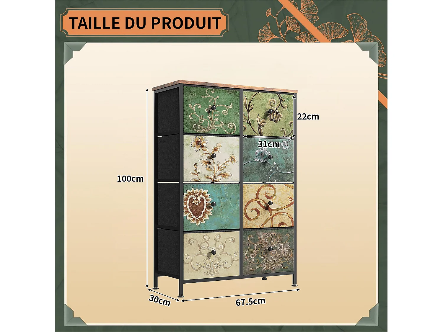 Kommode mit 8 Schubladen 67,5 x 30 x 100 cm – Metallrahmen, Schubladen mit Stoffgriffen – Retro-Muster – Schwarz