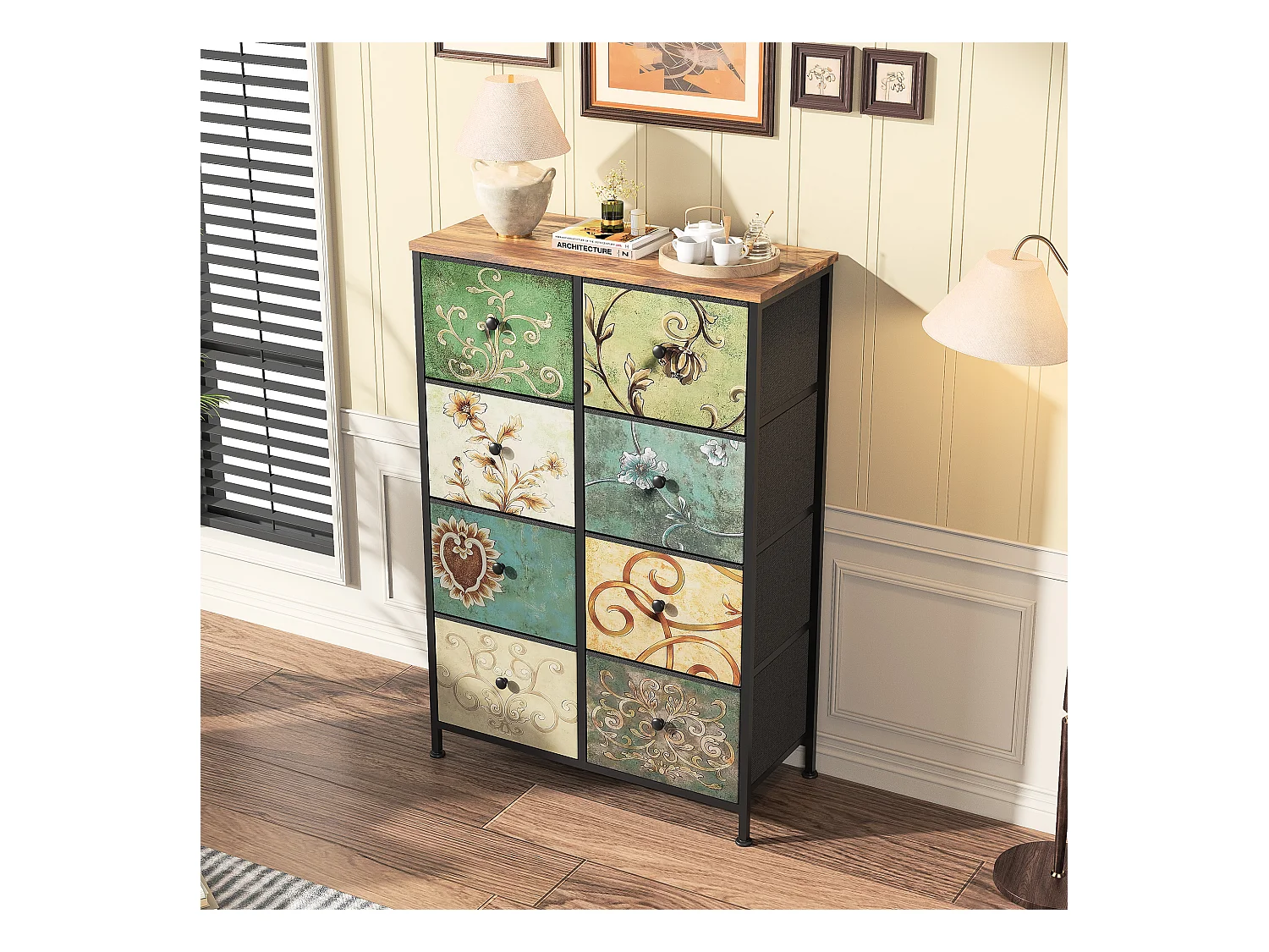 Cómoda 8 gavetas 67,5x30x100cm - Estrutura em metal, gavetas com puxadores em tecido - Padrões retro - Preto