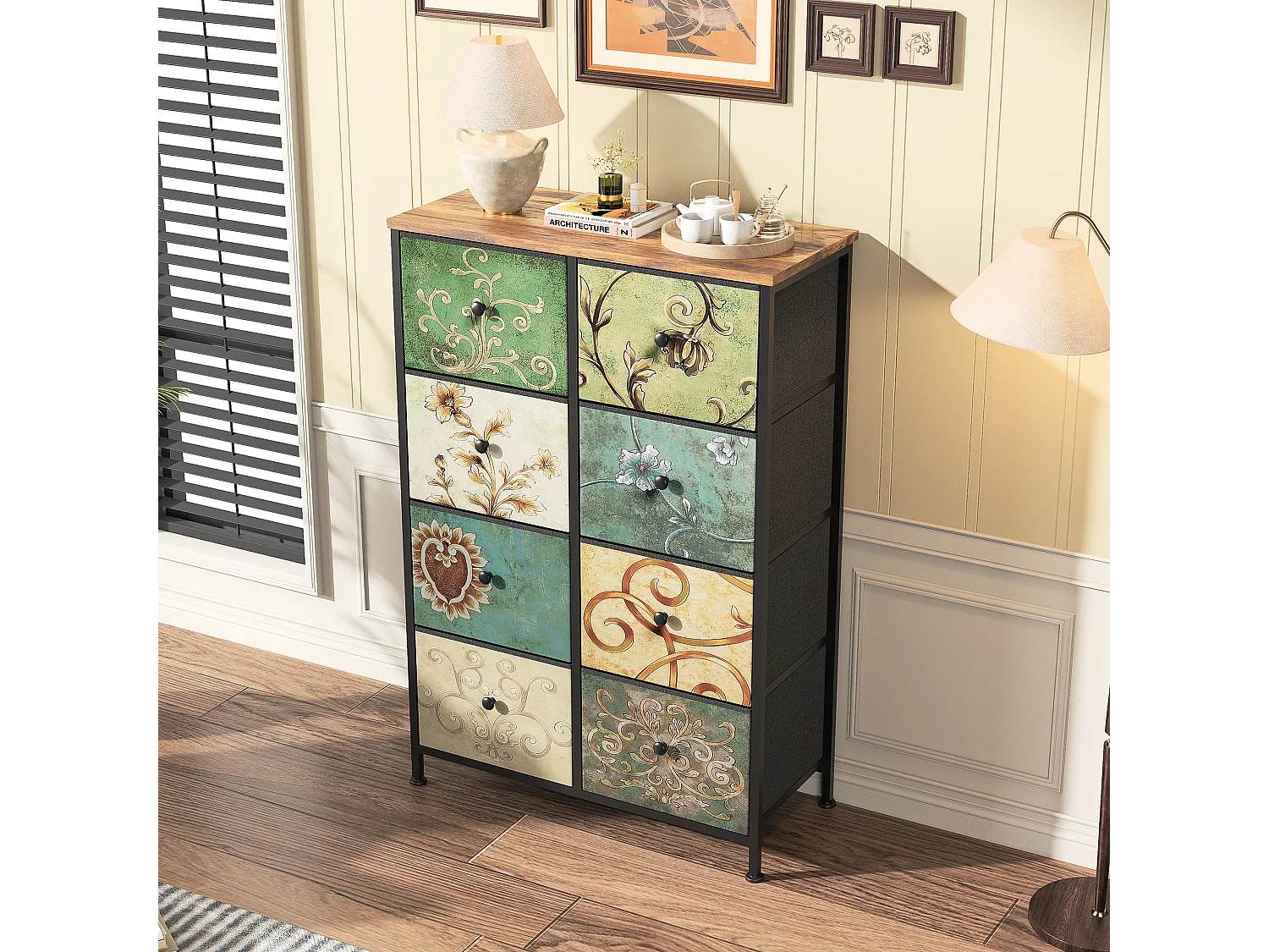 Commode 8 Tiroirs 67.5x30x100cm - Cadre en Métal, Tiroirs avec Poignées en tissu - Motifs Rétros - Noir