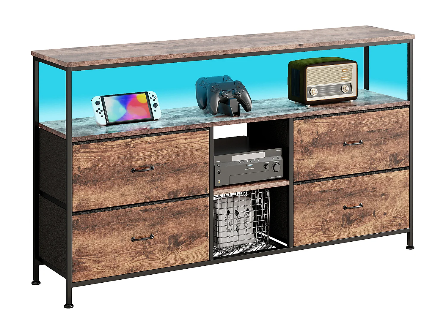 Mobile porta TV 137 cm, con 4 cassetti in pelle di tigre, illuminazione LED regolabile, 137x30x78 cm - Noce