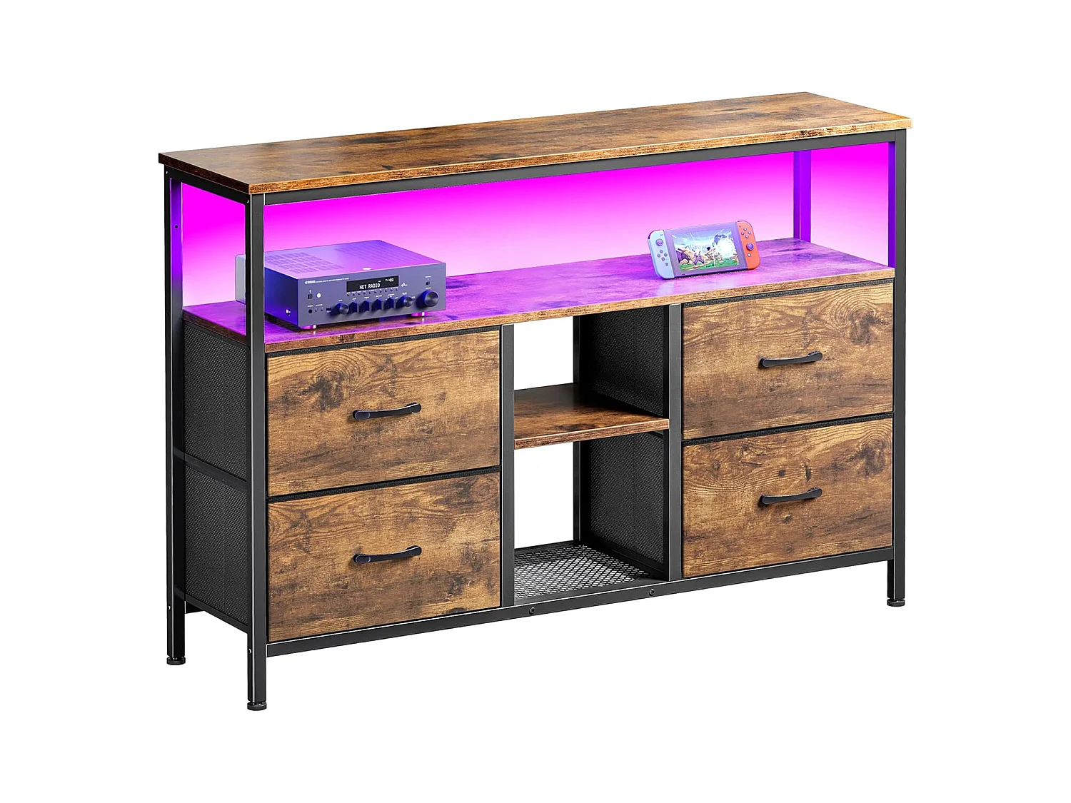 Meuble TV 137 cm, avec 4 tiroirs en peau de tigre,  éclairage LED orientable, 137x30x78 cm - Noyer
