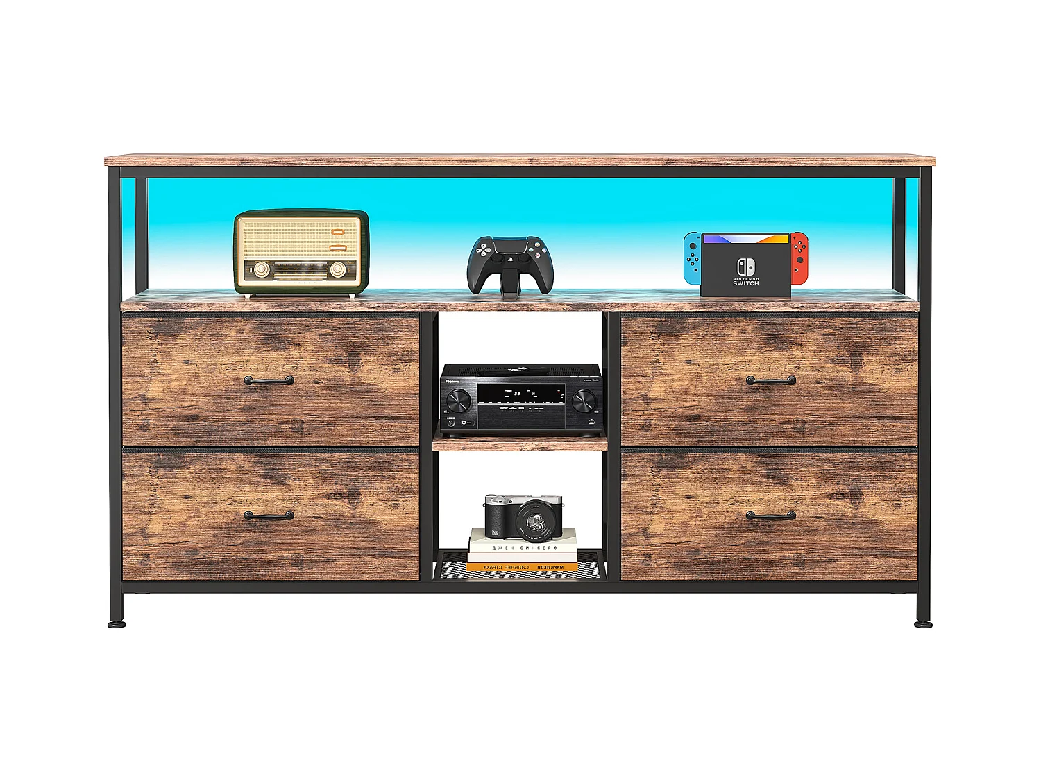 TV-meubel 137 cm, met 4 lades van tijgervel, verstelbare LED-verlichting, 137x30x78 cm - Walnoot
