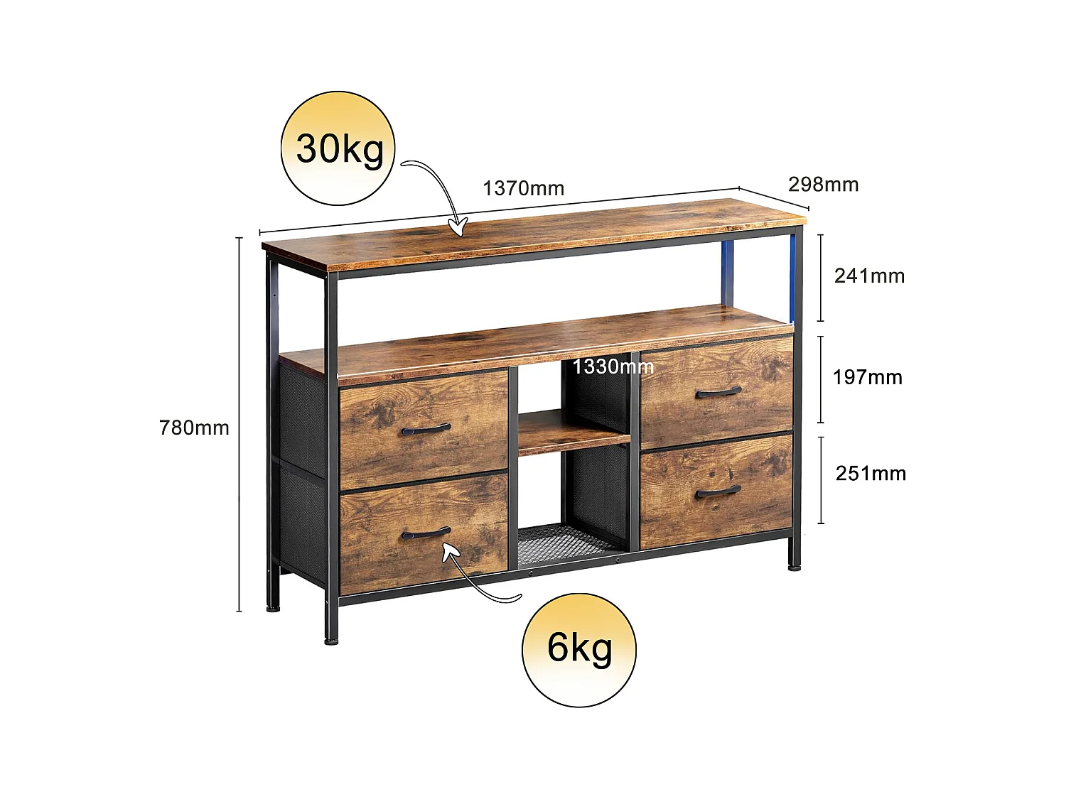 TV-meubel 137 cm, met 4 lades van tijgervel, verstelbare LED-verlichting, 137x30x78 cm - Walnoot