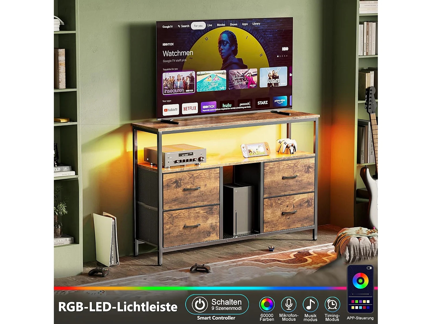 Meuble TV 137 cm, avec 4 tiroirs en peau de tigre,  éclairage LED orientable, 137x30x78 cm - Noyer
