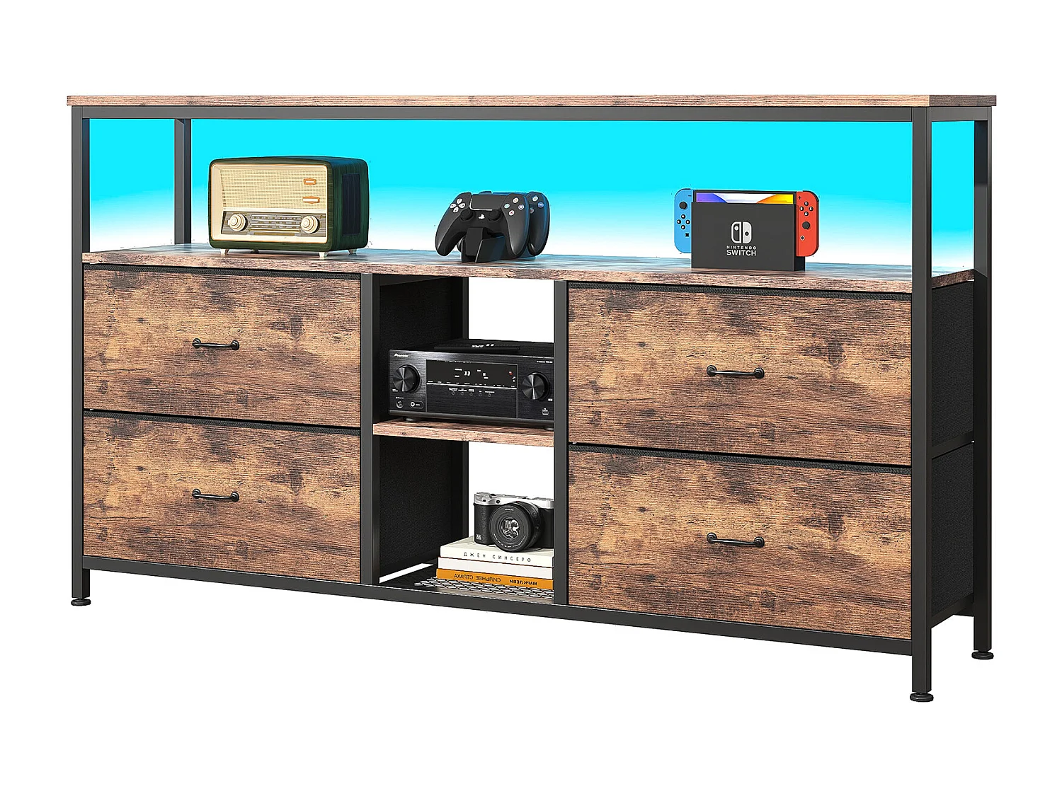 Meuble TV 137 cm, avec 4 tiroirs en peau de tigre,  éclairage LED orientable, 137x30x78 cm - Noyer