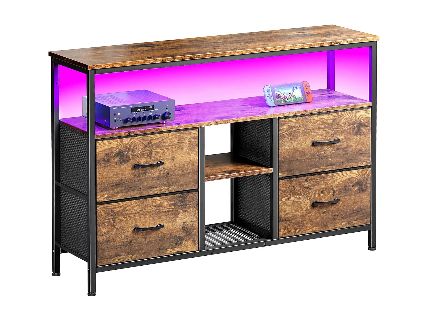 TV-meubel 137 cm, met 4 lades van tijgervel, verstelbare LED-verlichting, 137x30x78 cm - Walnoot