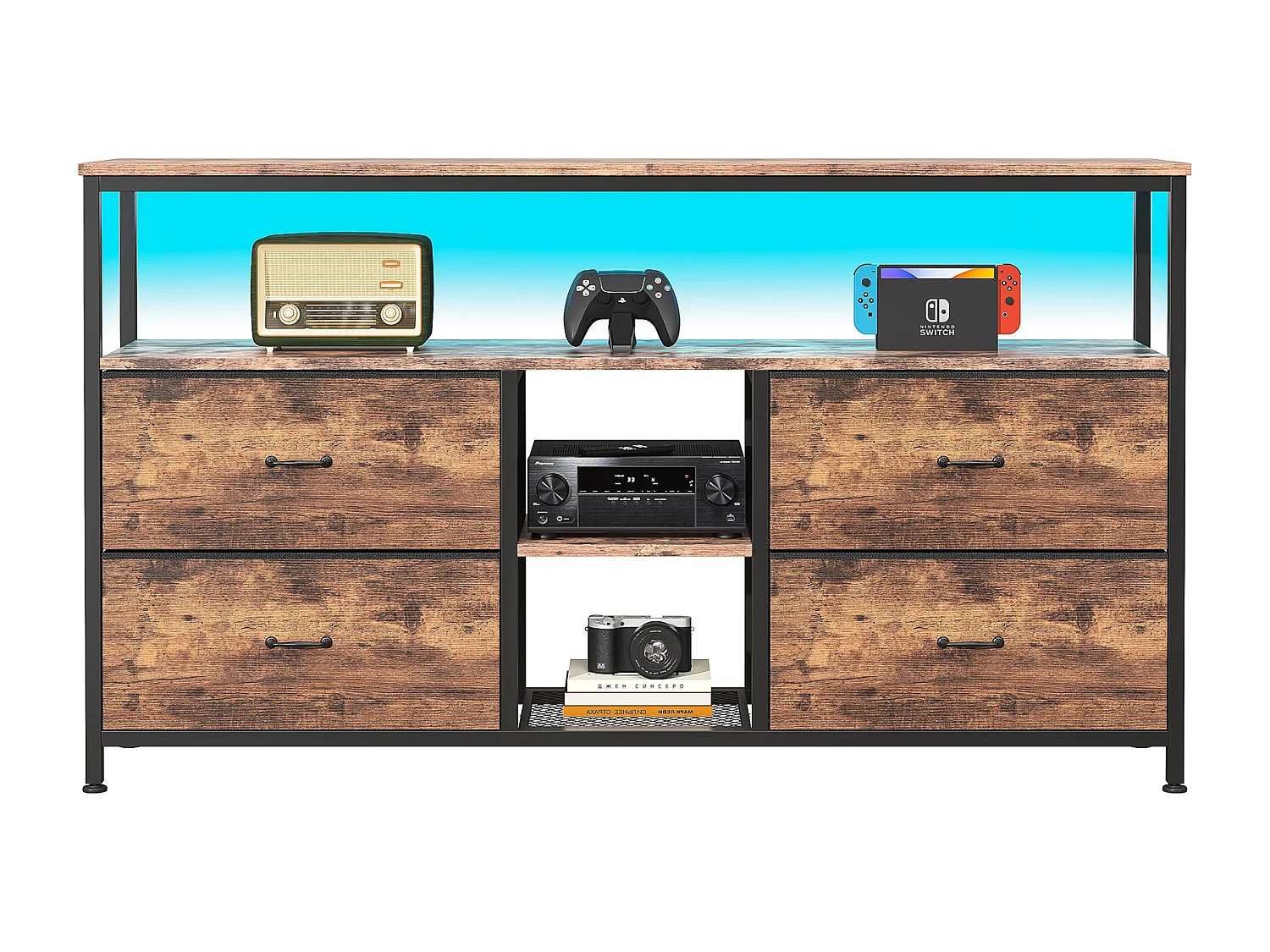 TV-meubel 137 cm, met 4 lades van tijgervel, verstelbare LED-verlichting, 137x30x78 cm - Walnoot