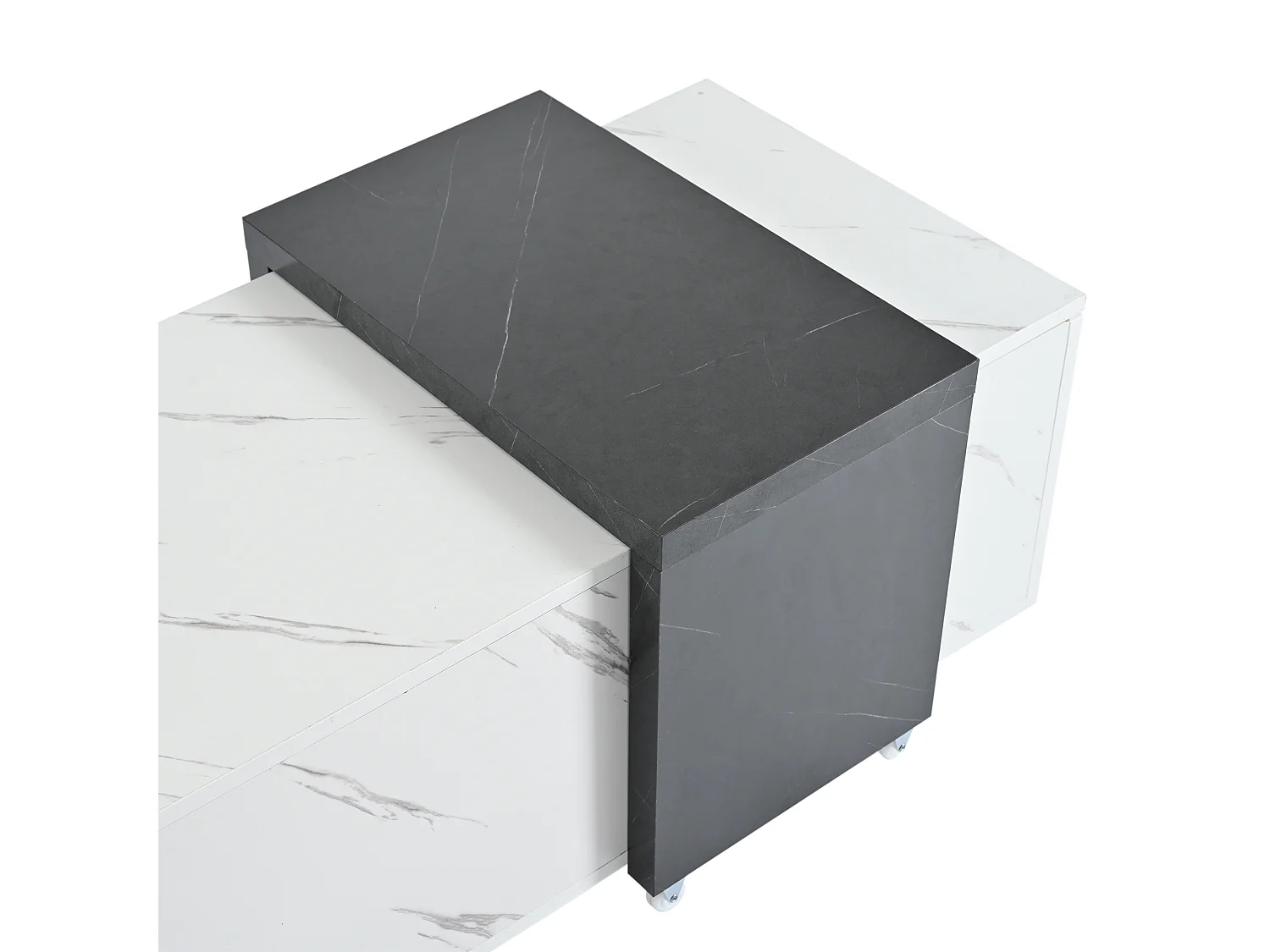 Table basse motif marbre blanc classique adaptée au salon et au bureau avec 2 armoires de rangement et roulettes - noir et blanc