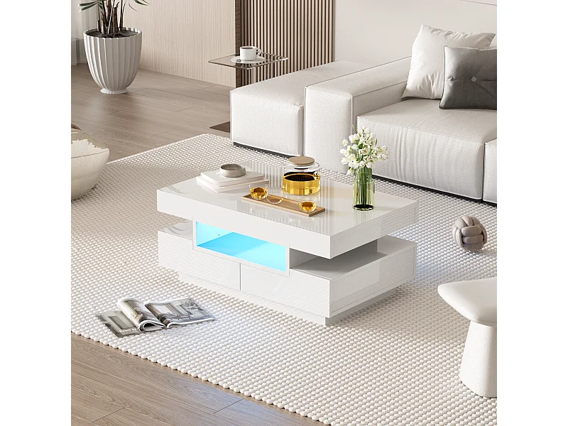 Salontafel, hoogglans afwerking, met LED, 4 lades aan de voor- en achterkant, grote opbergruimte 80x50x36cm, wit