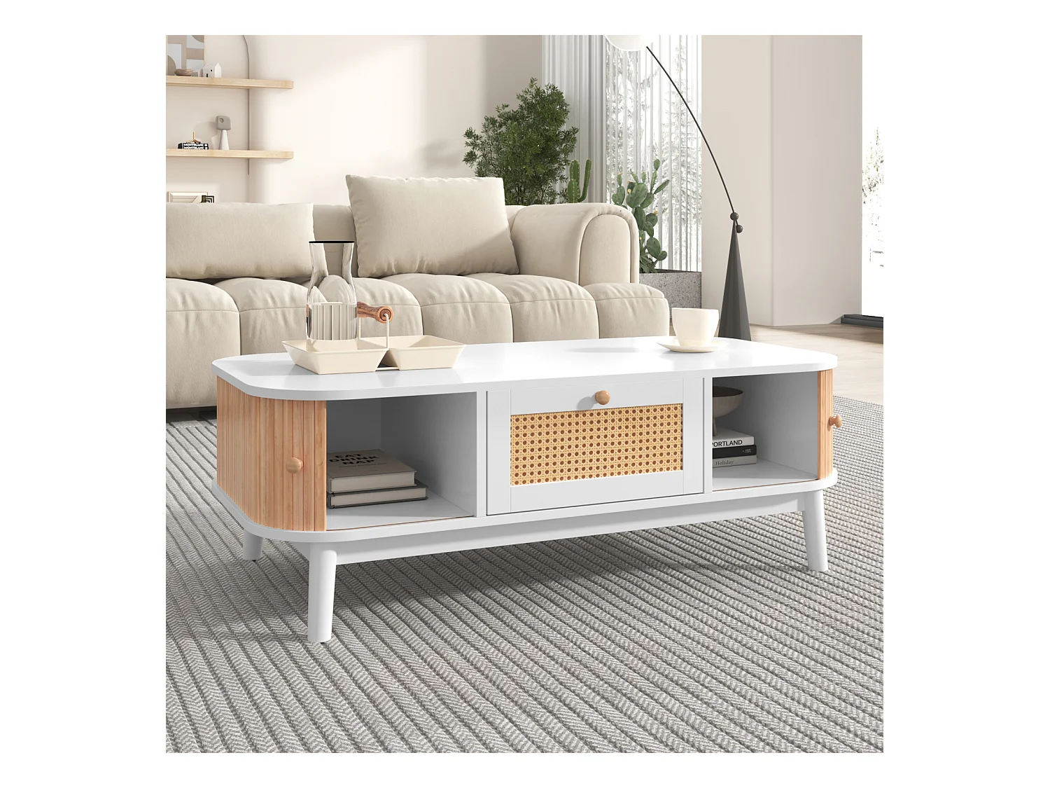 Table basse style cottage 110x55x38.5cm - Table à café avec tiroirs en rotin et portes coulissantes avec lattes en bois massif pieds en bois massif - Blanc