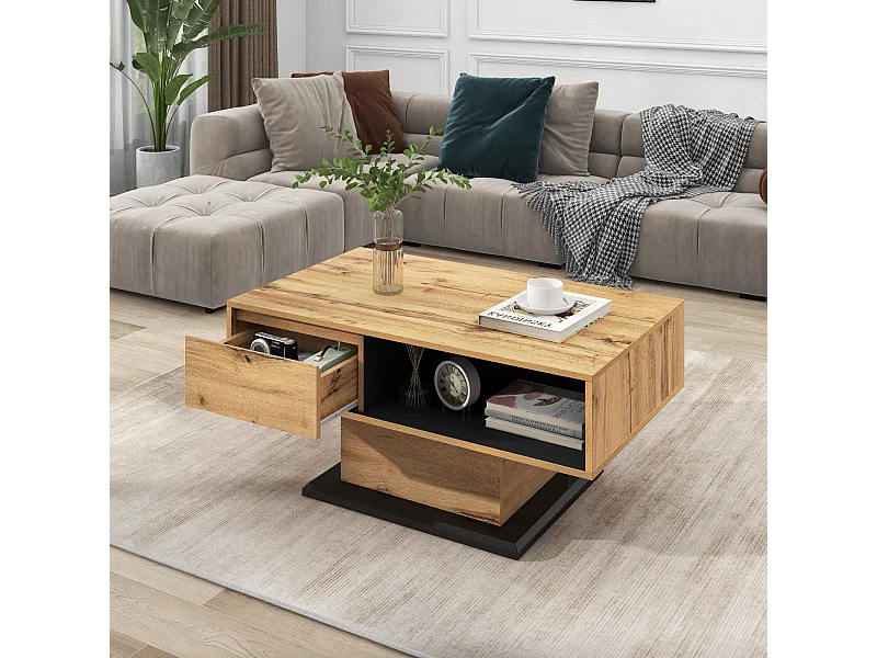 Table basse en bois veiné, avec 1 tiroir et espace de rangement, 100x47x60cm, chêne + gris noir