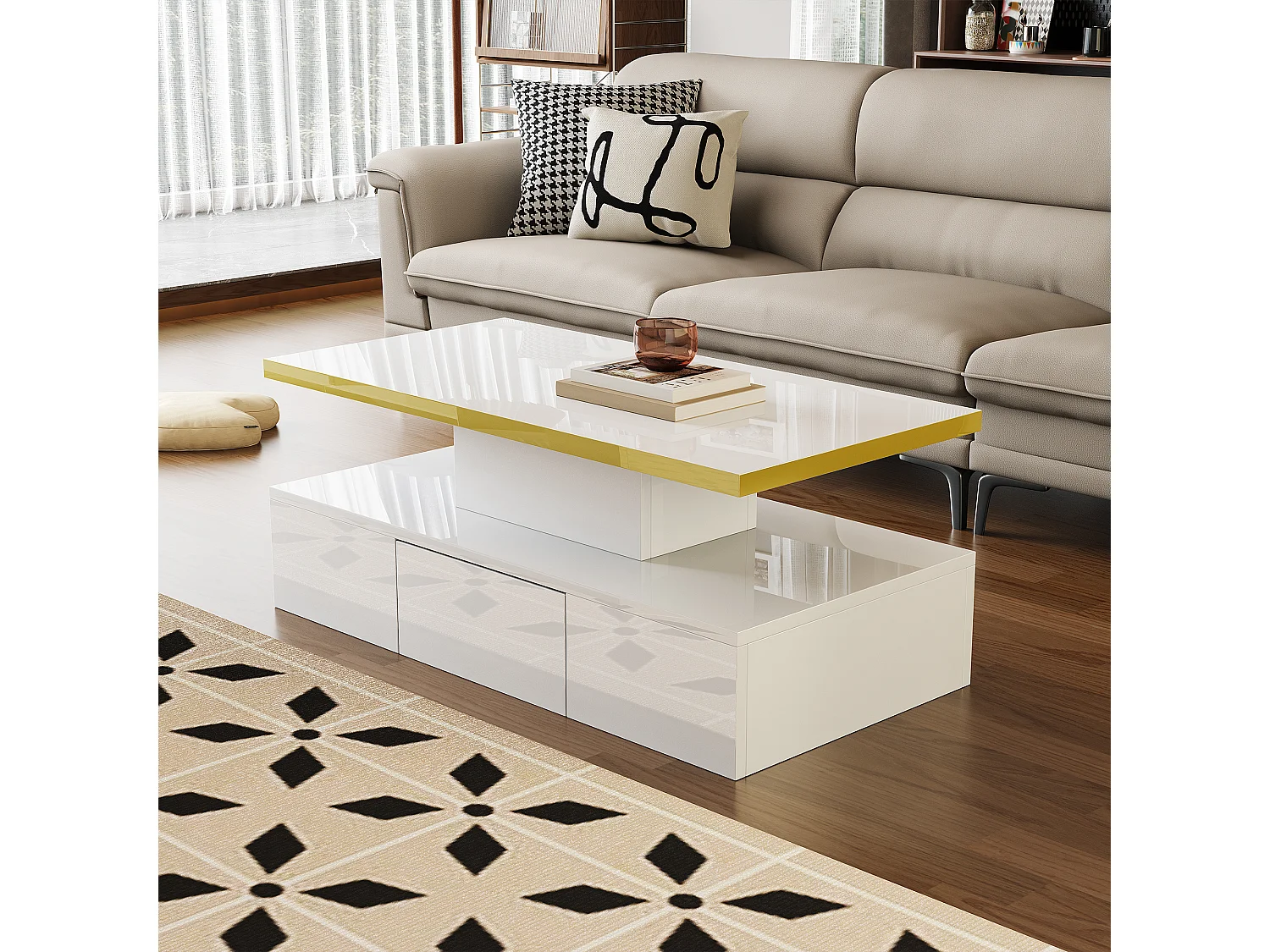 Salontafel met lades, hoogglanslak, tafel met twee opbergniveaus, LED-verlichting, 100 L x 50 B x 39 H cm Wit