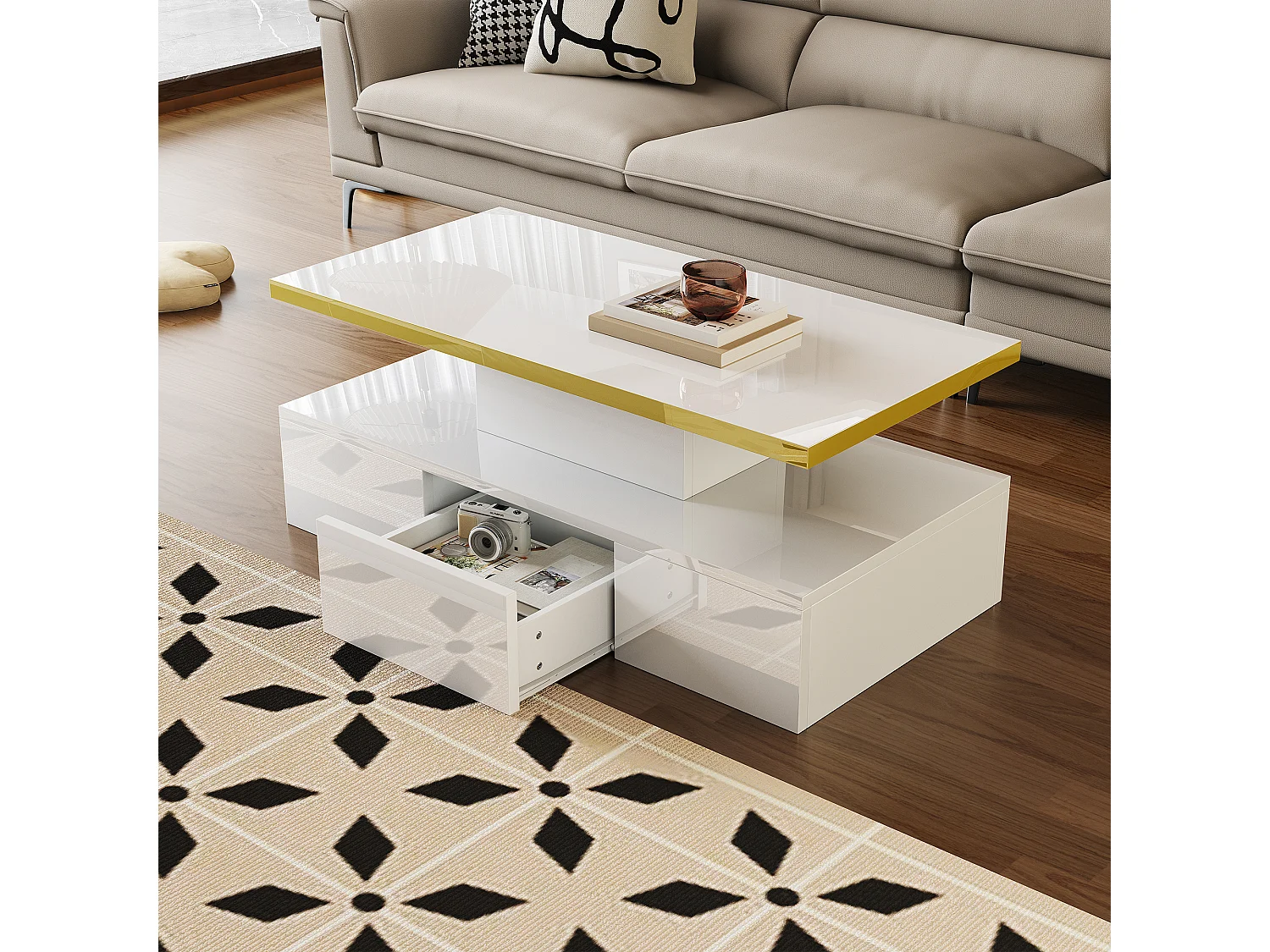 Salontafel met lades, hoogglanslak, tafel met twee opbergniveaus, LED-verlichting, 100 L x 50 B x 39 H cm Wit