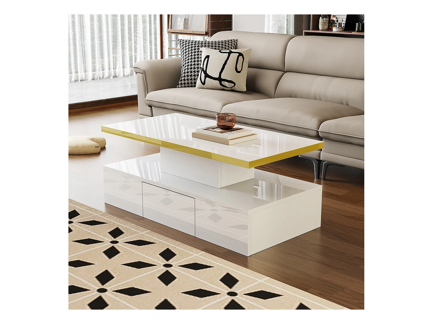 Table bass avec tiroirs, laque brillante, table avec deux niveaux de rangement, lumière LED, 100 L x 50 B x 39Hcm Blanc