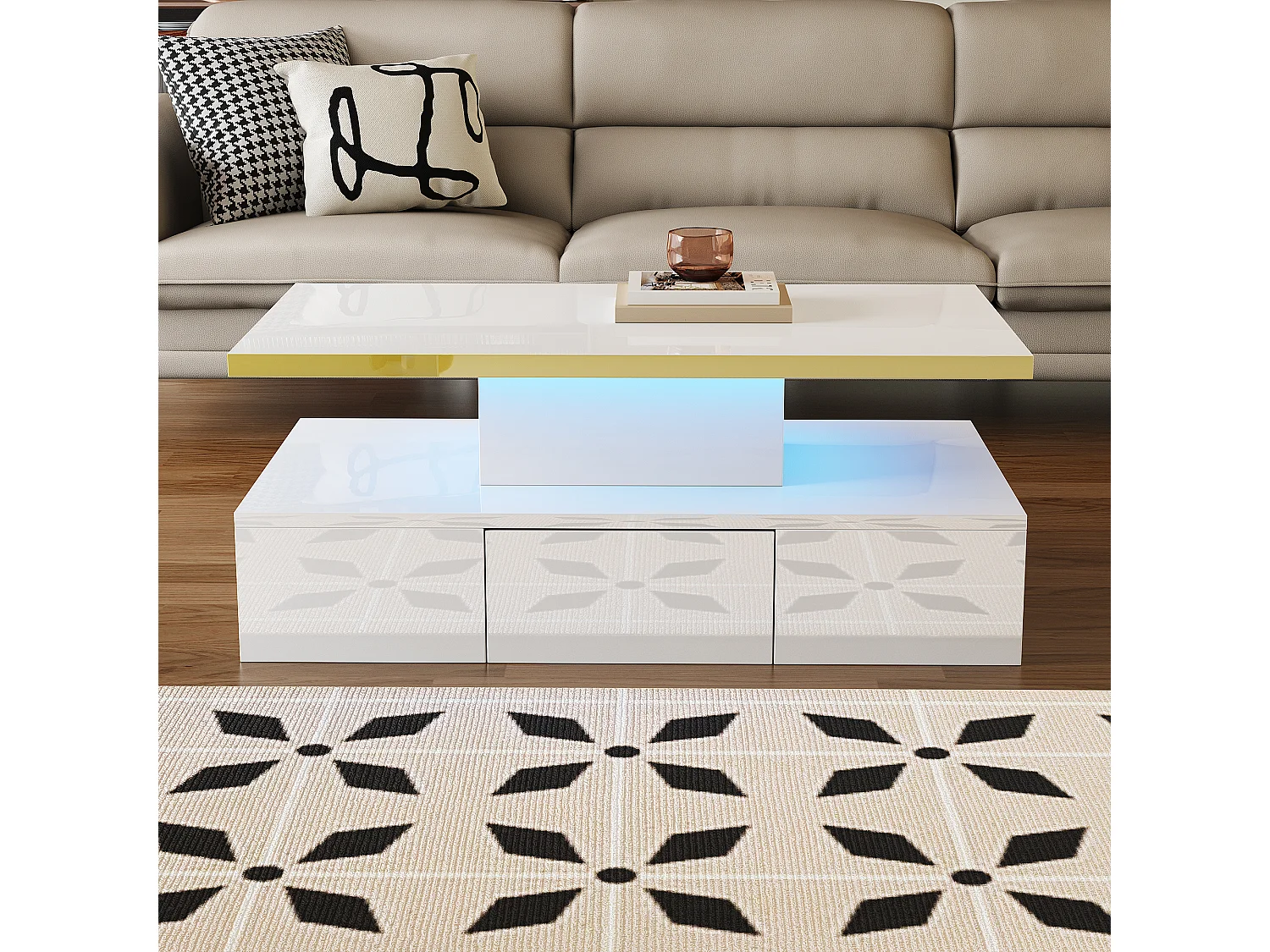 Table bass avec tiroirs, laque brillante, table avec deux niveaux de rangement, lumière LED, 100 L x 50 B x 39Hcm Blanc