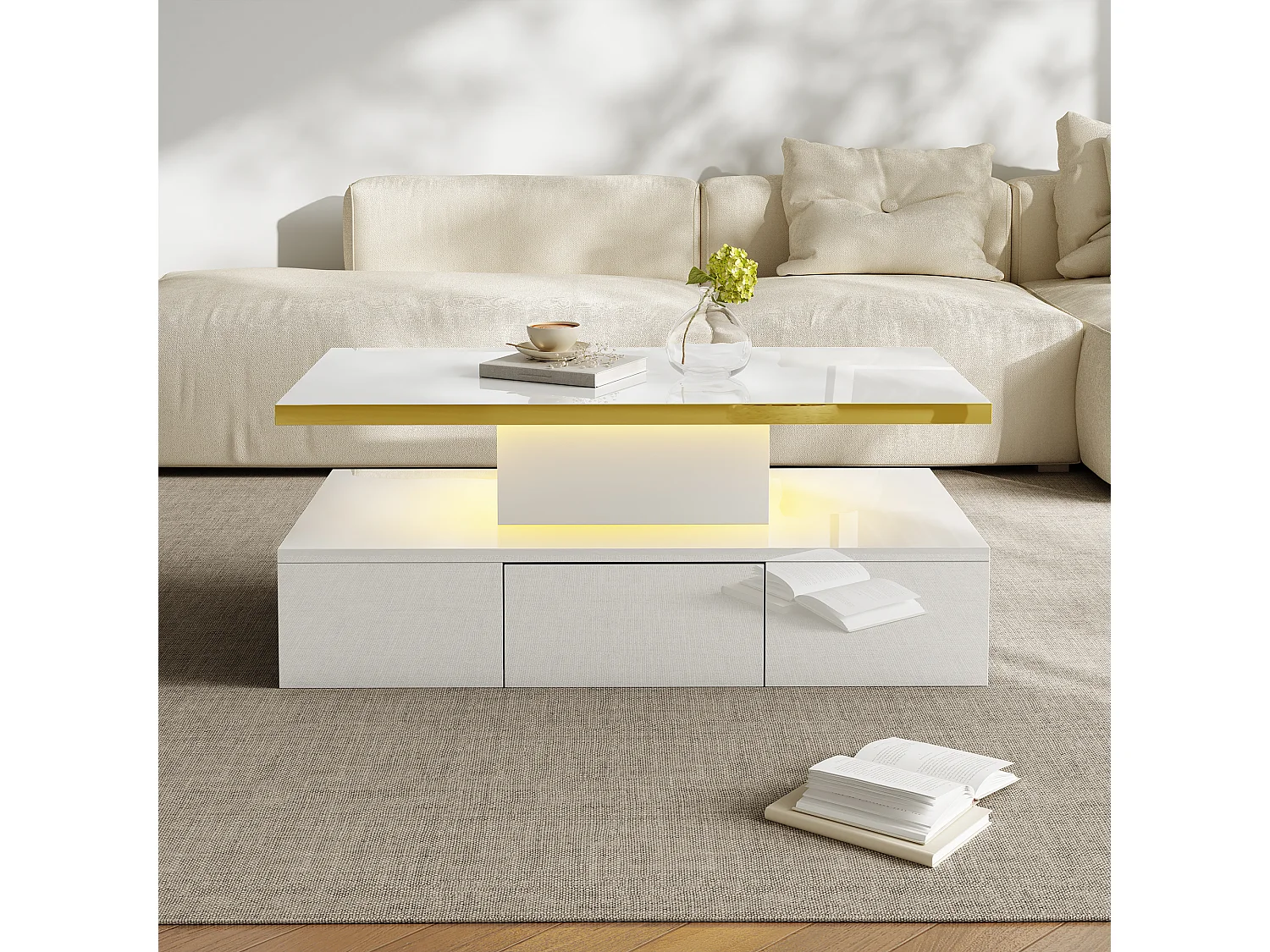 Table bass avec tiroirs, laque brillante, table avec deux niveaux de rangement, lumière LED, 100 L x 50 B x 39Hcm Blanc