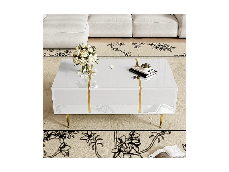 Glanzende salontafel met 2 lades, metalen poten, modern en eenvoudig, salontafel, witte balkon-bijzettafel