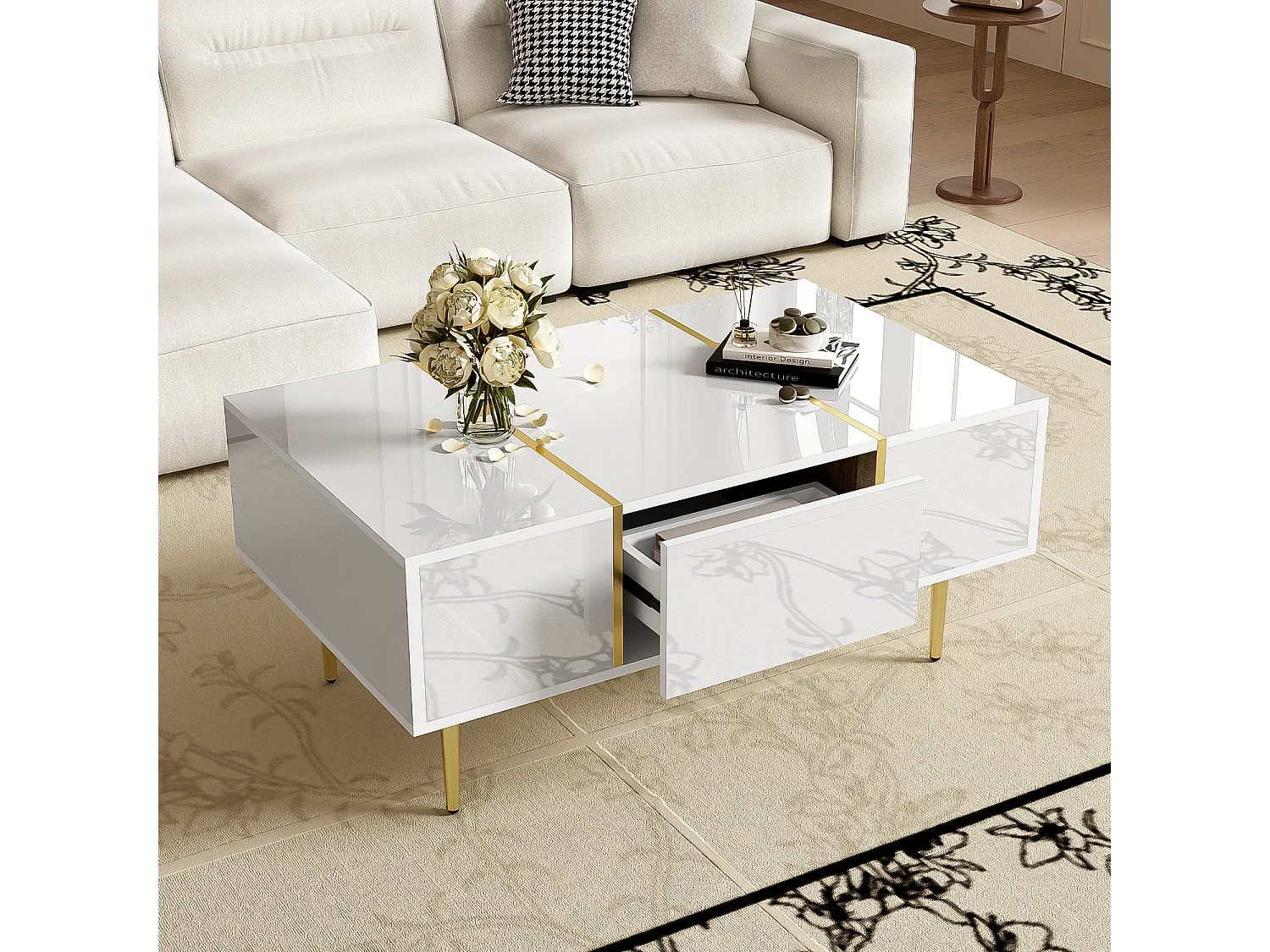 Table basse brillante avec 2 tiroirs, pieds en métal, moderne et simple, table de salon, table d'appoint de balcon blanche