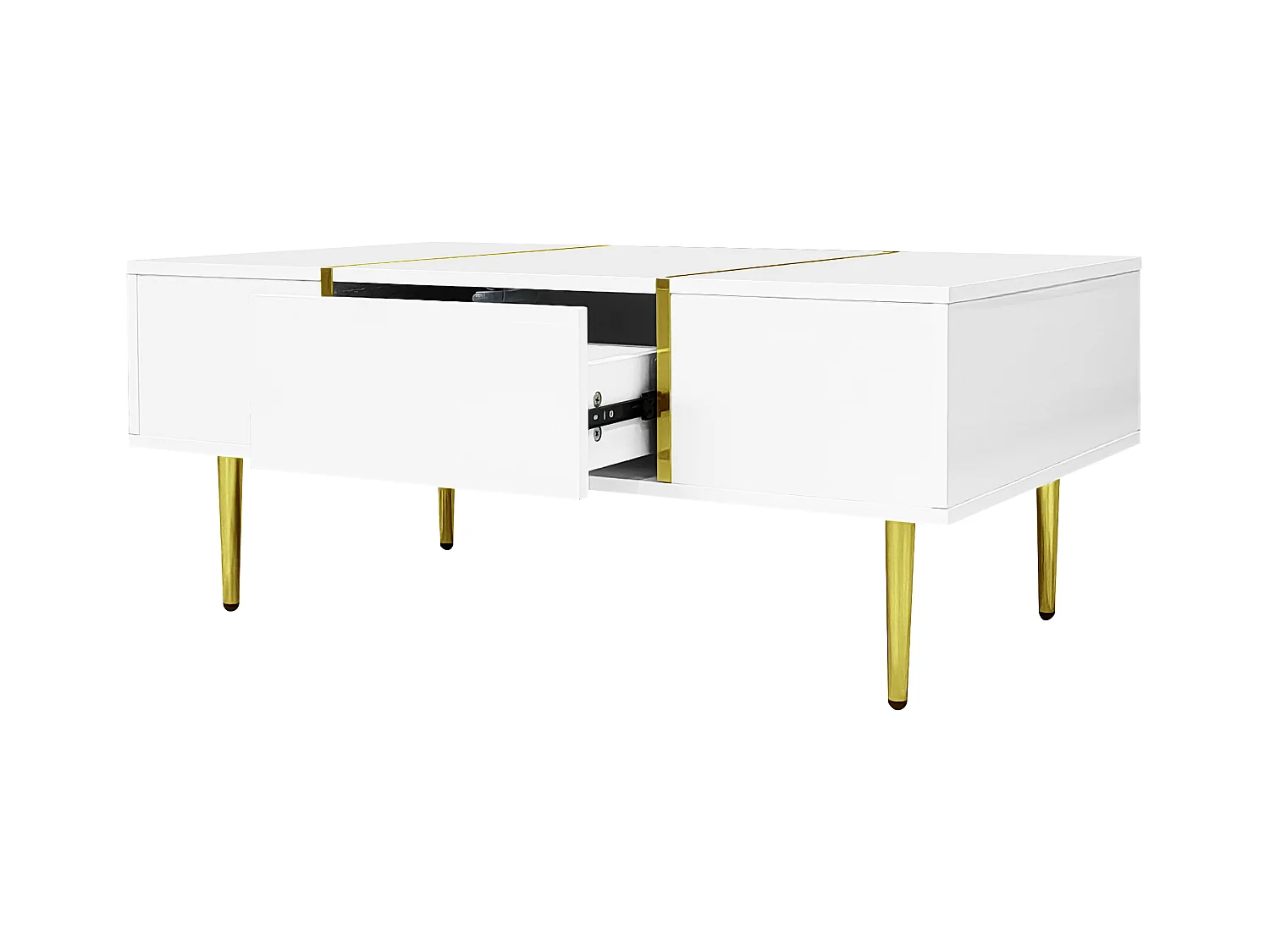Table basse brillante avec 2 tiroirs, pieds en métal, moderne et simple, table de salon, table d'appoint de balcon blanche