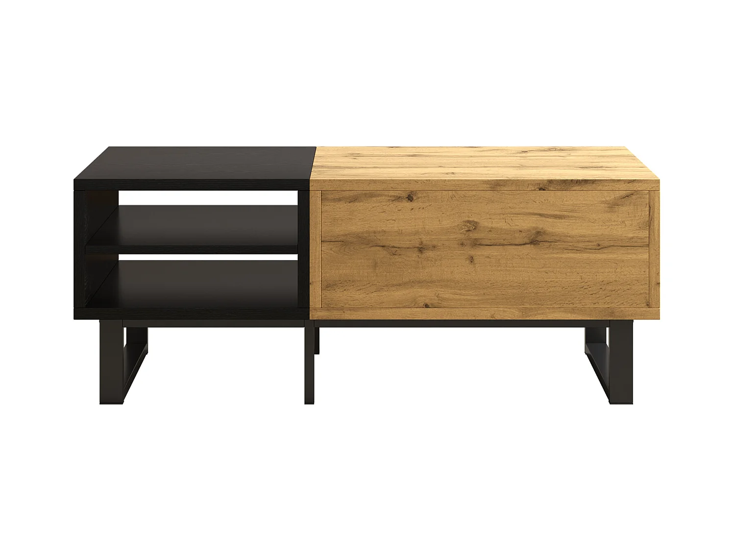 Mesa de sala com estrutura em color block, com compartimentos e gavetas, pés de metal. 100x50x40CM