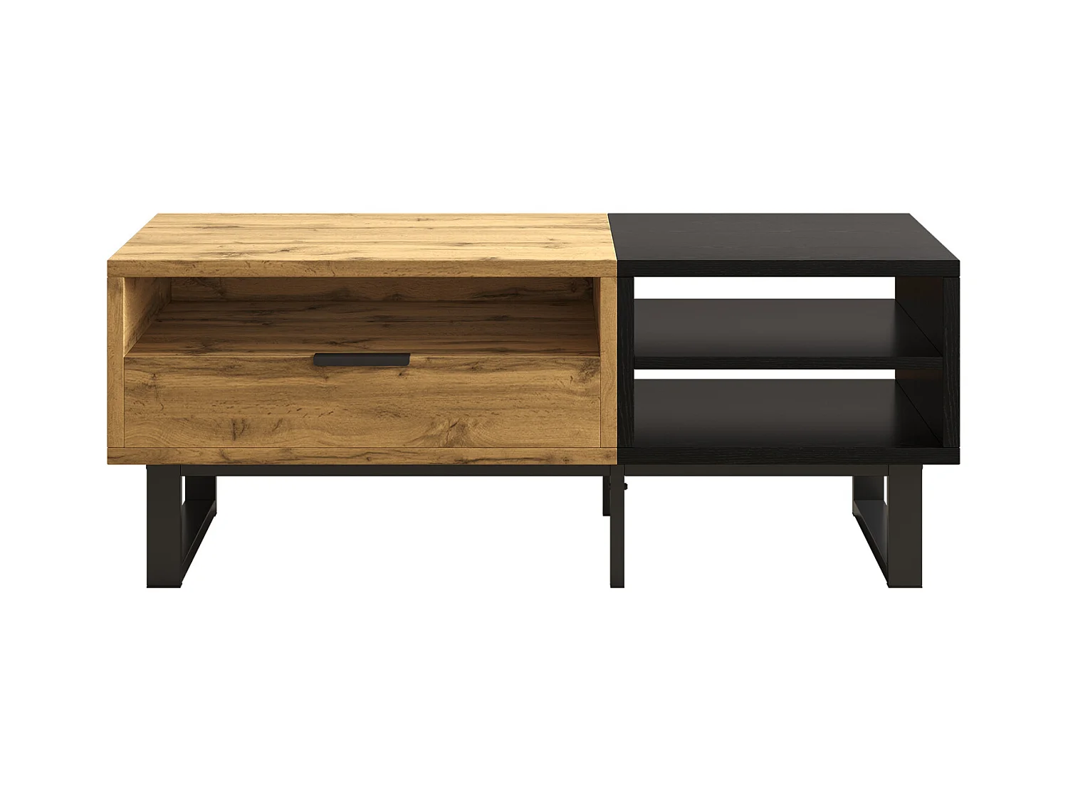 Mesa de sala com estrutura em color block, com compartimentos e gavetas, pés de metal. 100x50x40CM