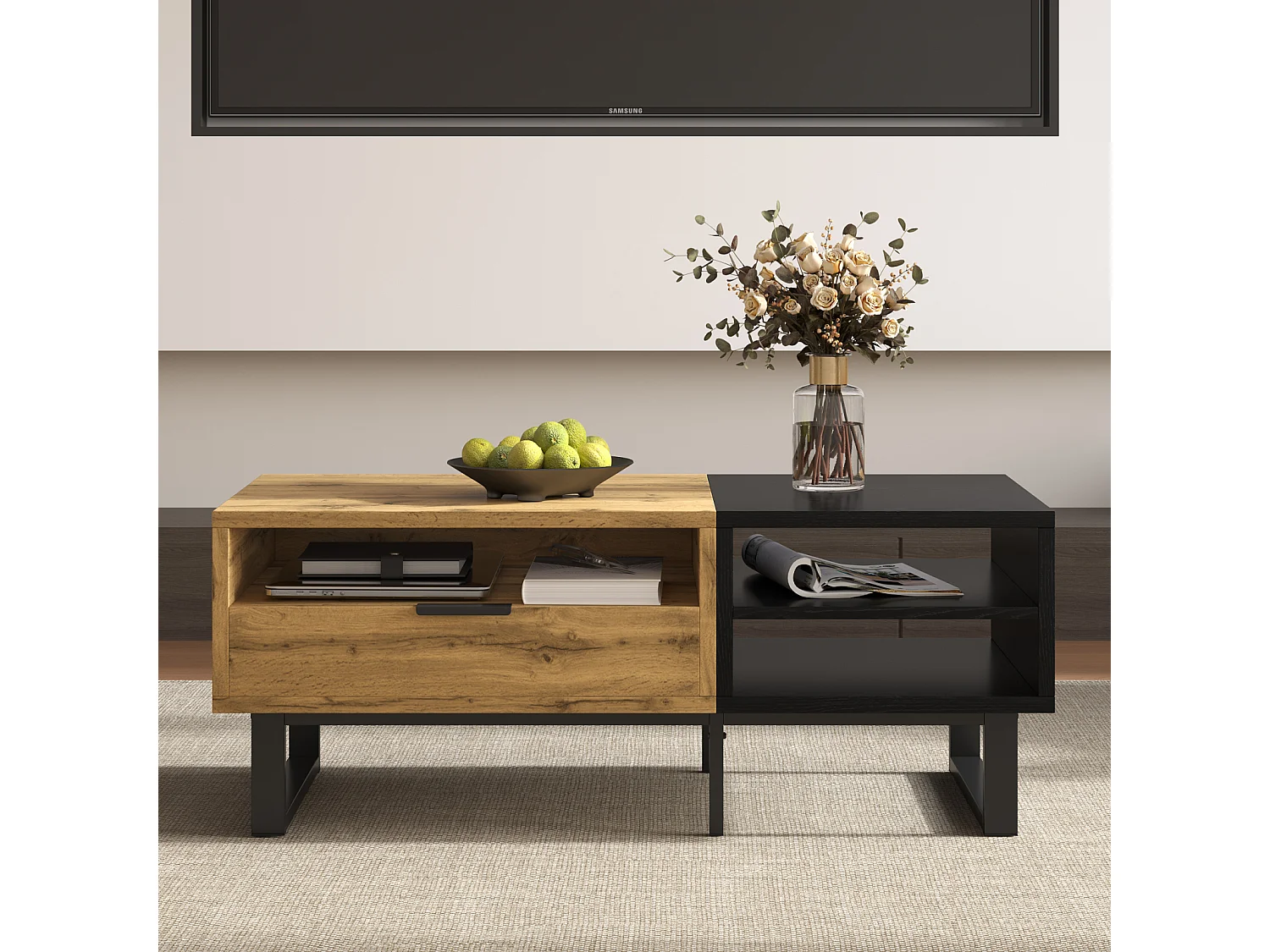 Mesa de salón con estructura color block, con compartimentos y cajones, patas de metal. 100x50x40CM