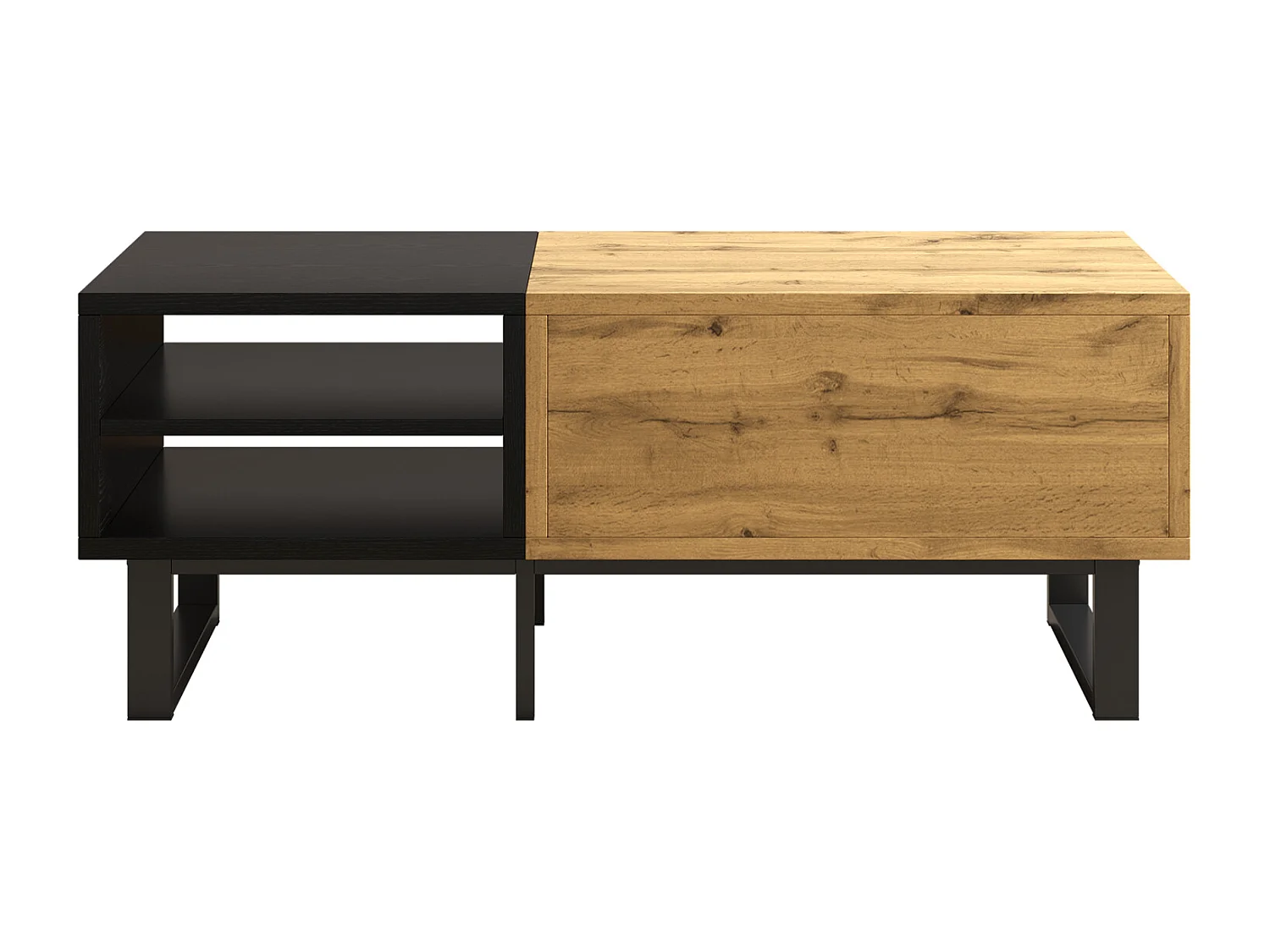 Mesa de salón con estructura color block, con compartimentos y cajones, patas de metal. 100x50x40CM