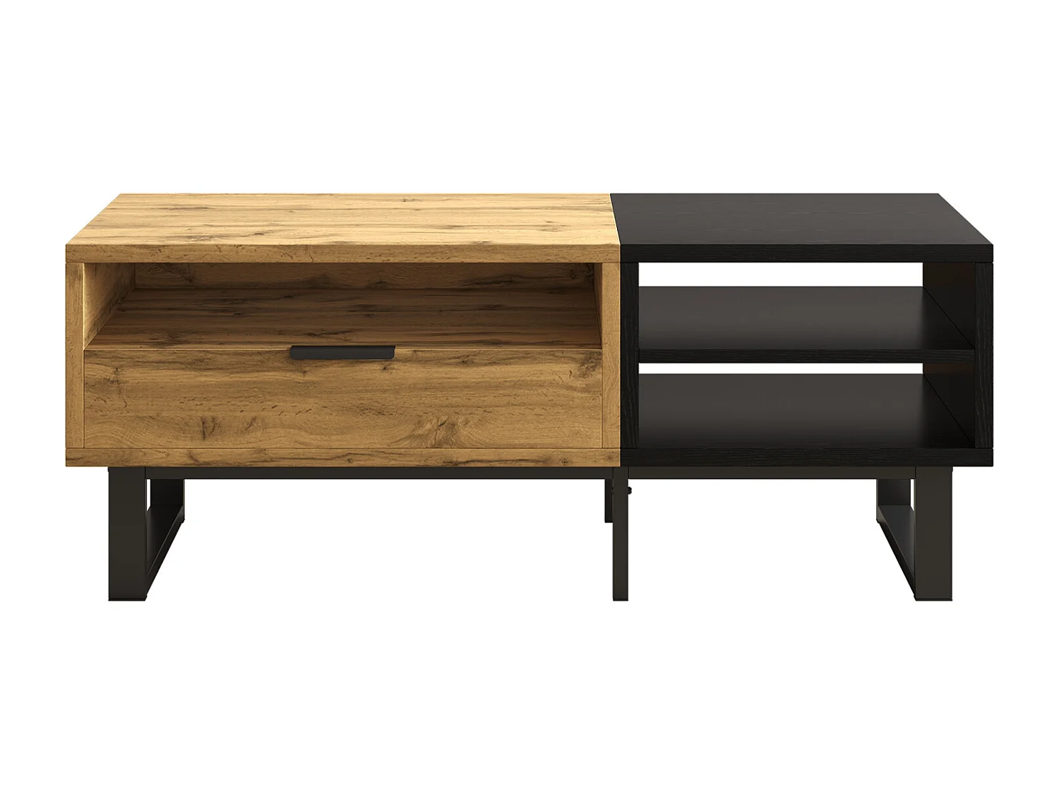 Mesa de salón con estructura color block, con compartimentos y cajones, patas de metal. 100x50x40CM